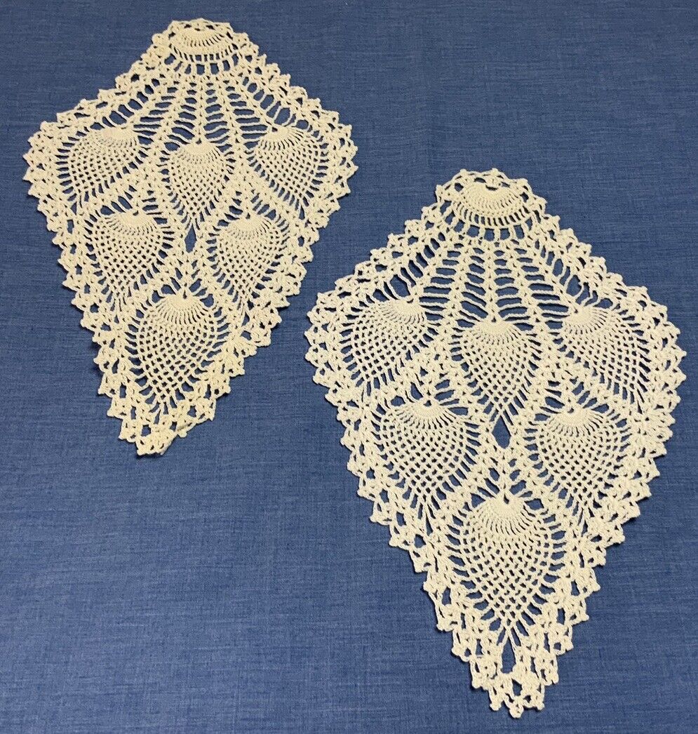 Two Vintage Hand Crocheted Doilies, Leaf Shape, Pineapple Design, White