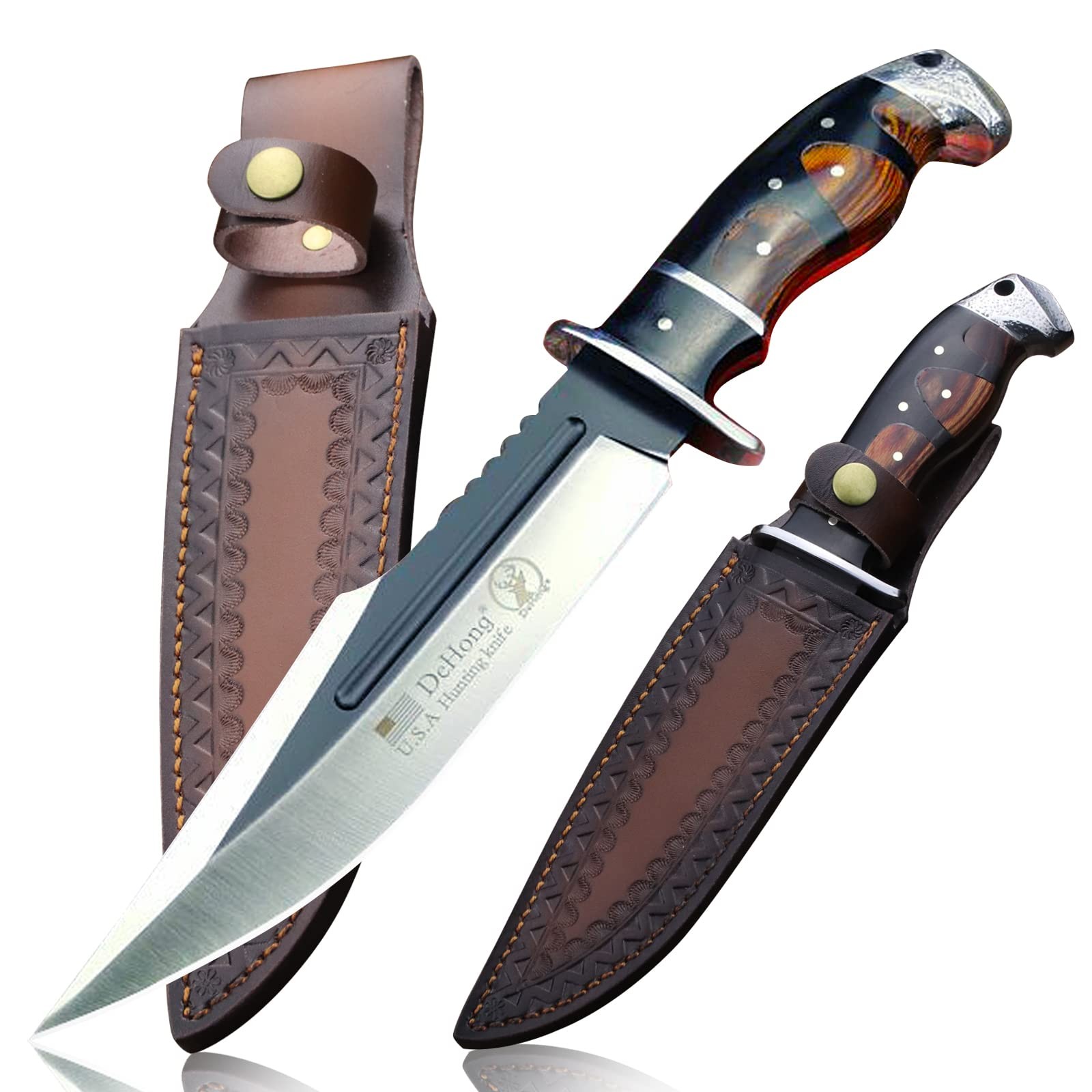 Cuchillo De Caza Tactico Hoja Fija 18 CM Con Funda De Cuero Para Regalo