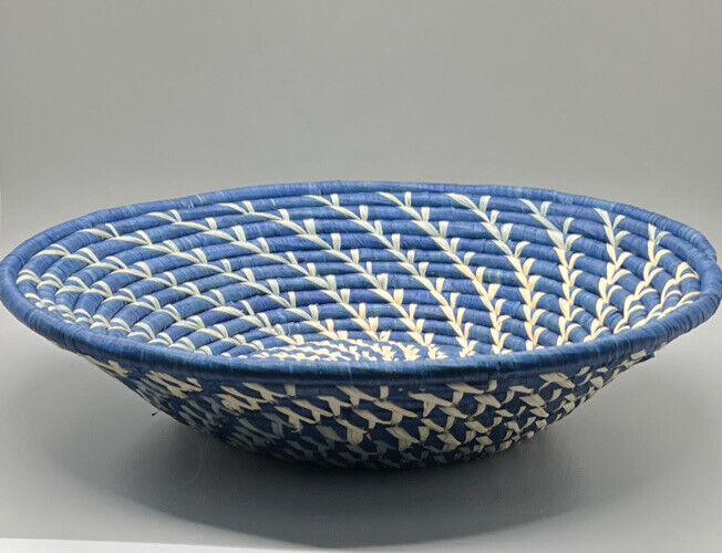 Basket 12x3” Bowl Woven Coil Blue Weave Rwanda hand wall art Ethnic Africa