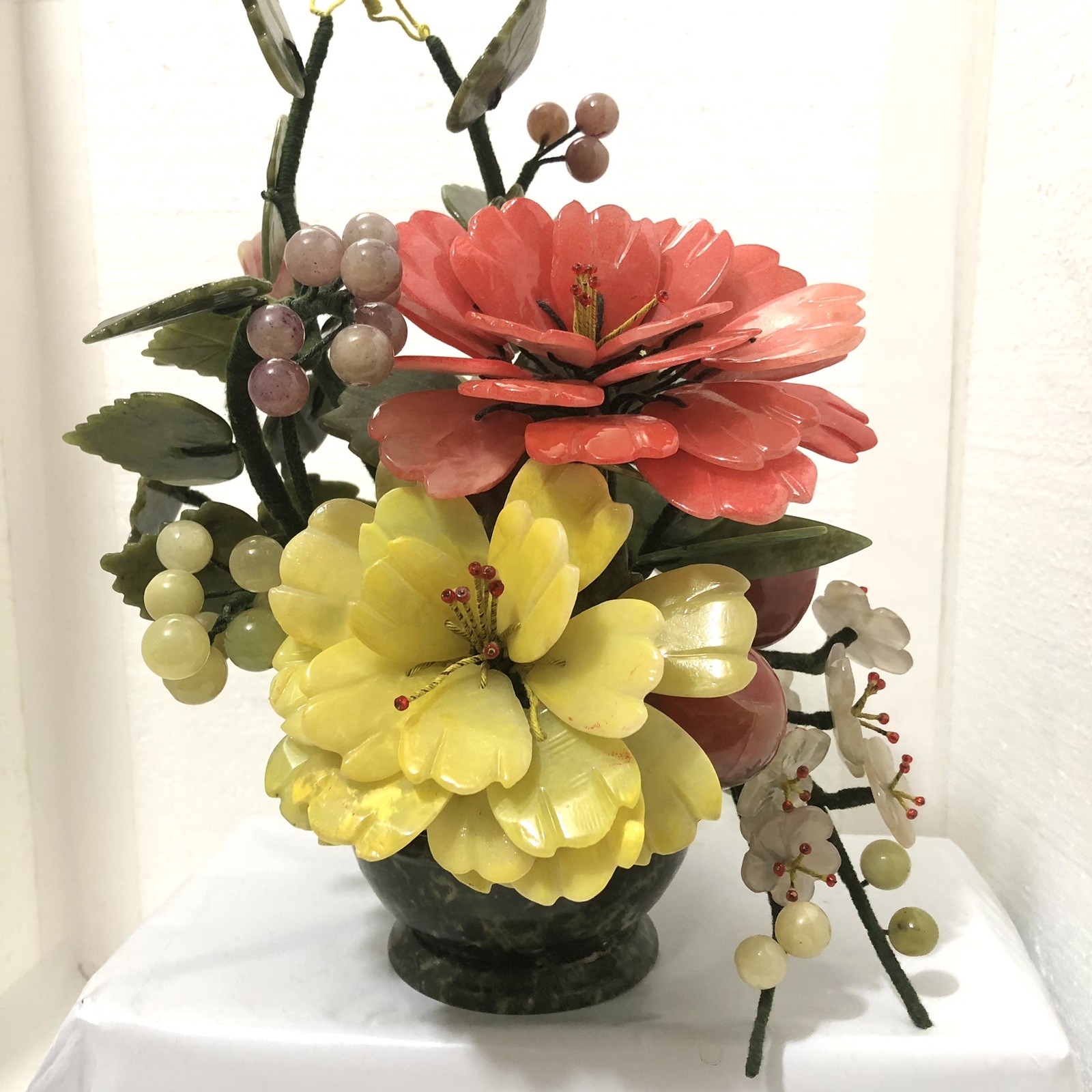 Vintage Chinese Jade Floral And Fruit Centerpiece W/other Semi-Precious Stones