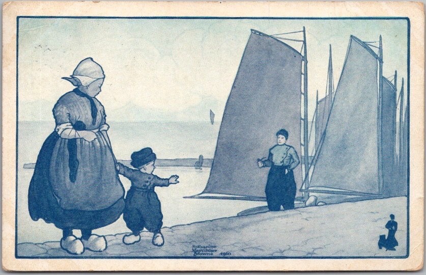 1912 WALK-OVER SHOES Ad Postcard Dutch Boy Waving Bye to Dad - KATHERINE BROWNE