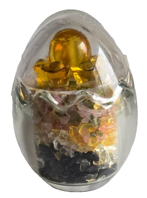 Glass Egg-shaped Container w/Black Clear Pink Yellow Green Gemstone Chips Flower