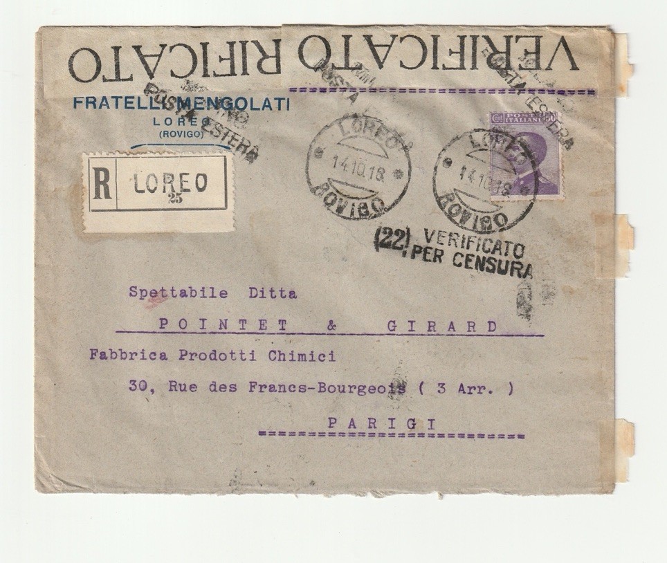 WW1 1918 Italy Censored Letter Recommended Loreo Mengolati Malaria WW1 1918 Italy Censored Letter Recommended Loreo Mengolati Malaria