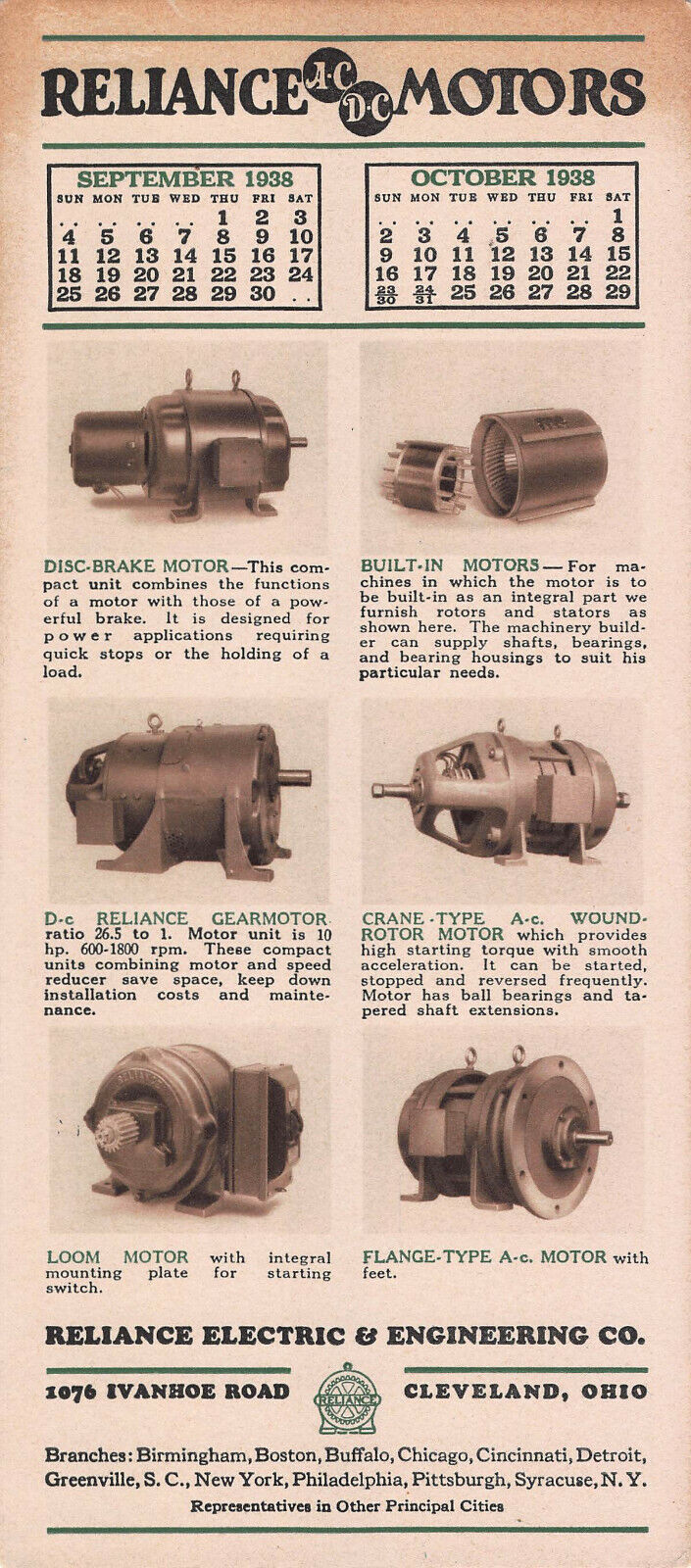 Reliance A.C./D.C. Motors, Cleveland, Ohio, 1938 Ink Blotter