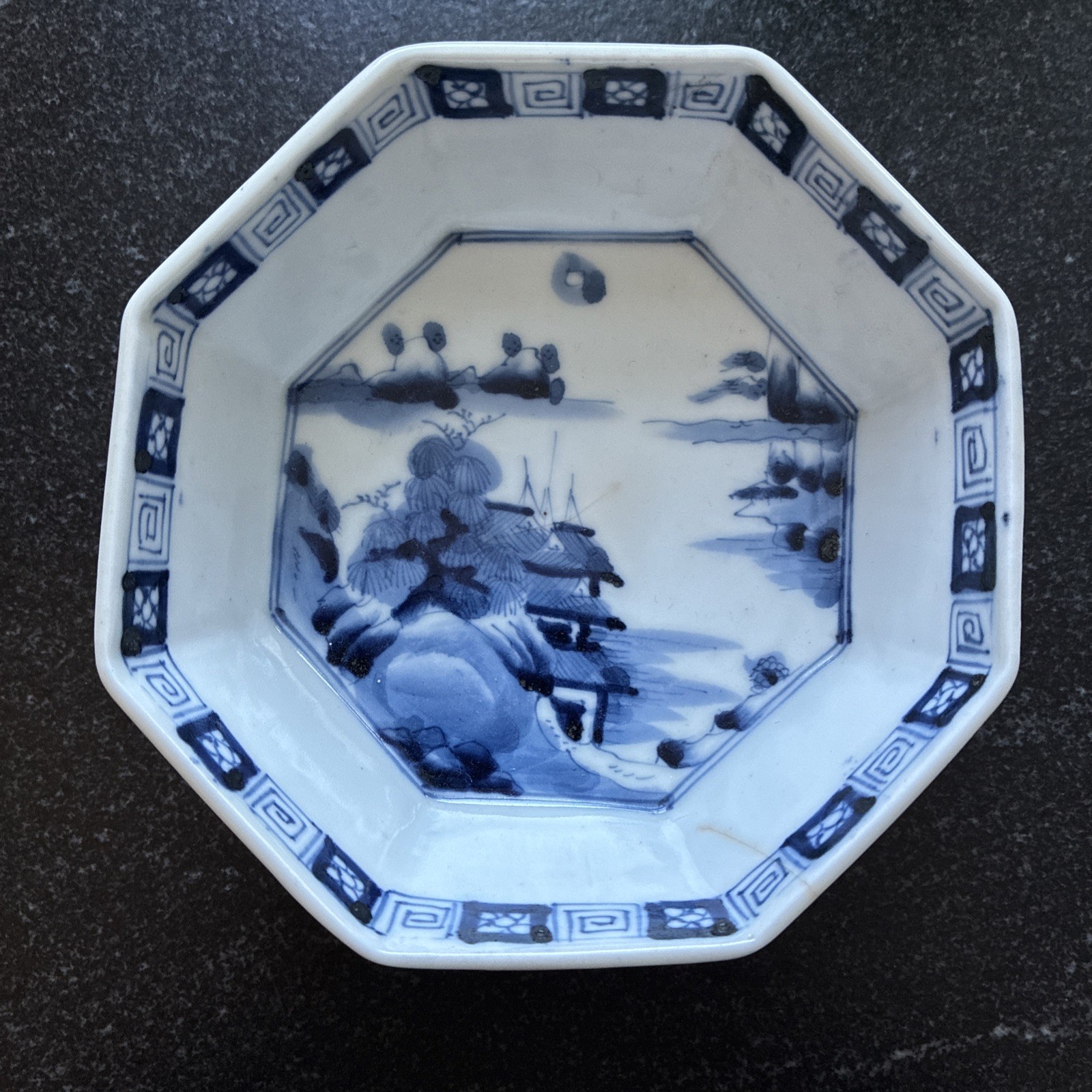 Antique Japanese Arita Blue & White Octagonal Porcelain Bowl, Fuku Mark