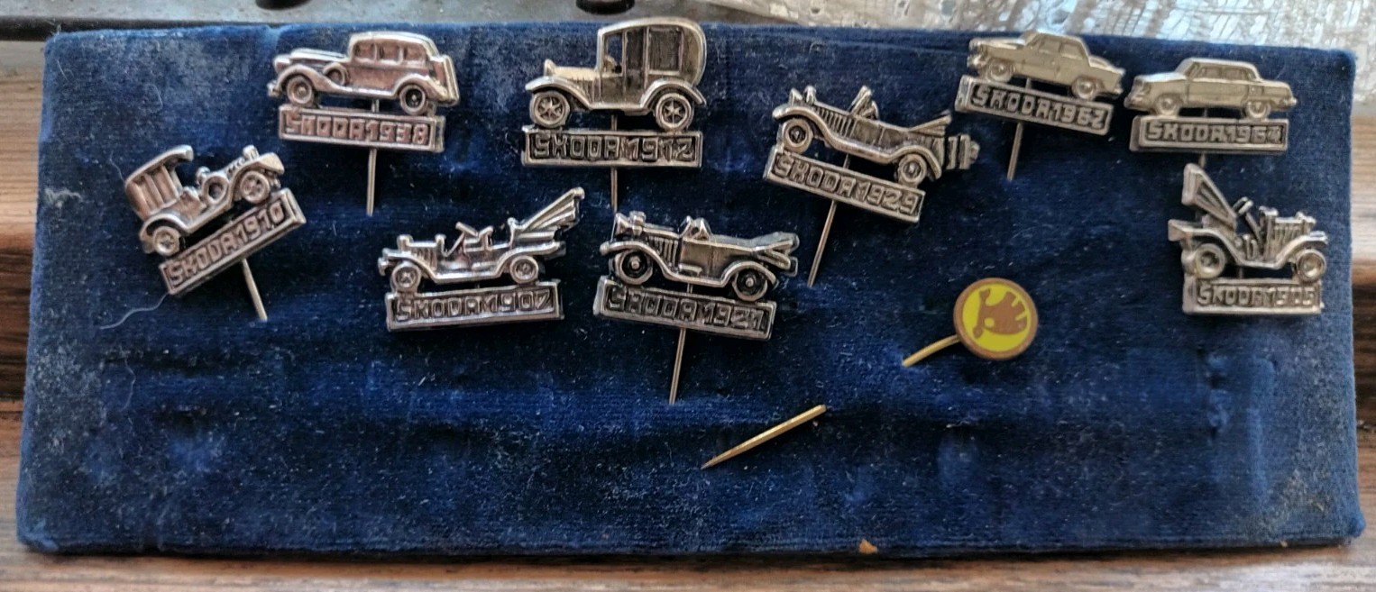 Vintage Skoda Car Stick Pin Badge Collection 9 + 1 Historic Models 1905-1964 