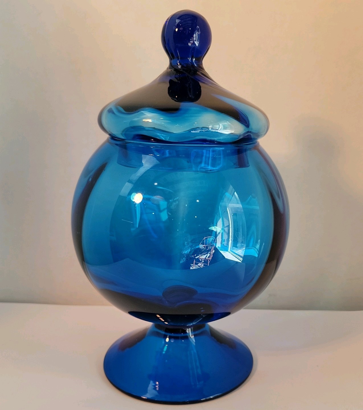 Vintage Italian Empoli Cobalt Blue Glass Apothecary Jar MCM Candy Dish Lid