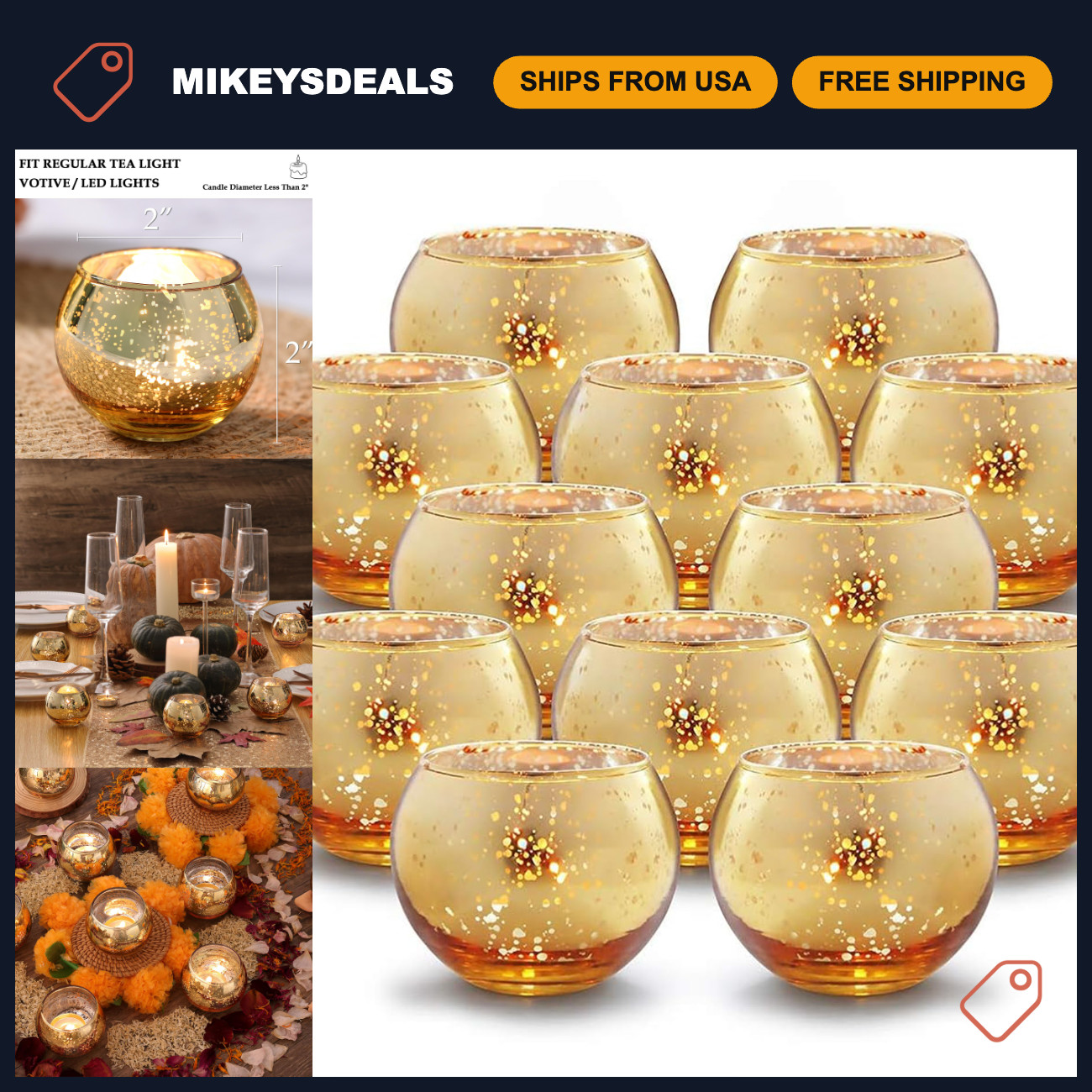 Set of 12 Round Gold Mercury Glass Votive Candle Holders - Elegant Home Decor