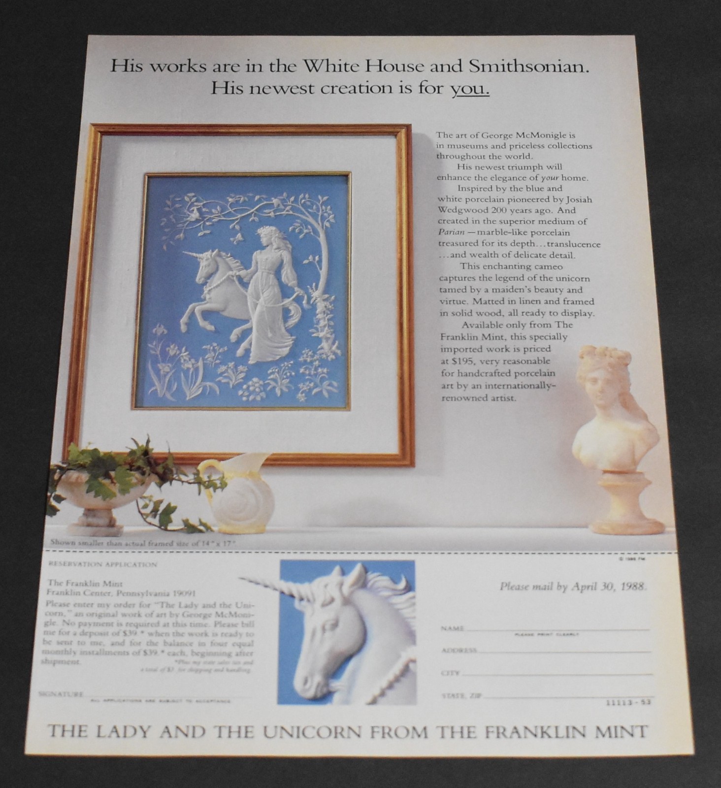 1988 Print Ad Franklin Mint The Lady and the Unicorn Cameo Art Style Beauty