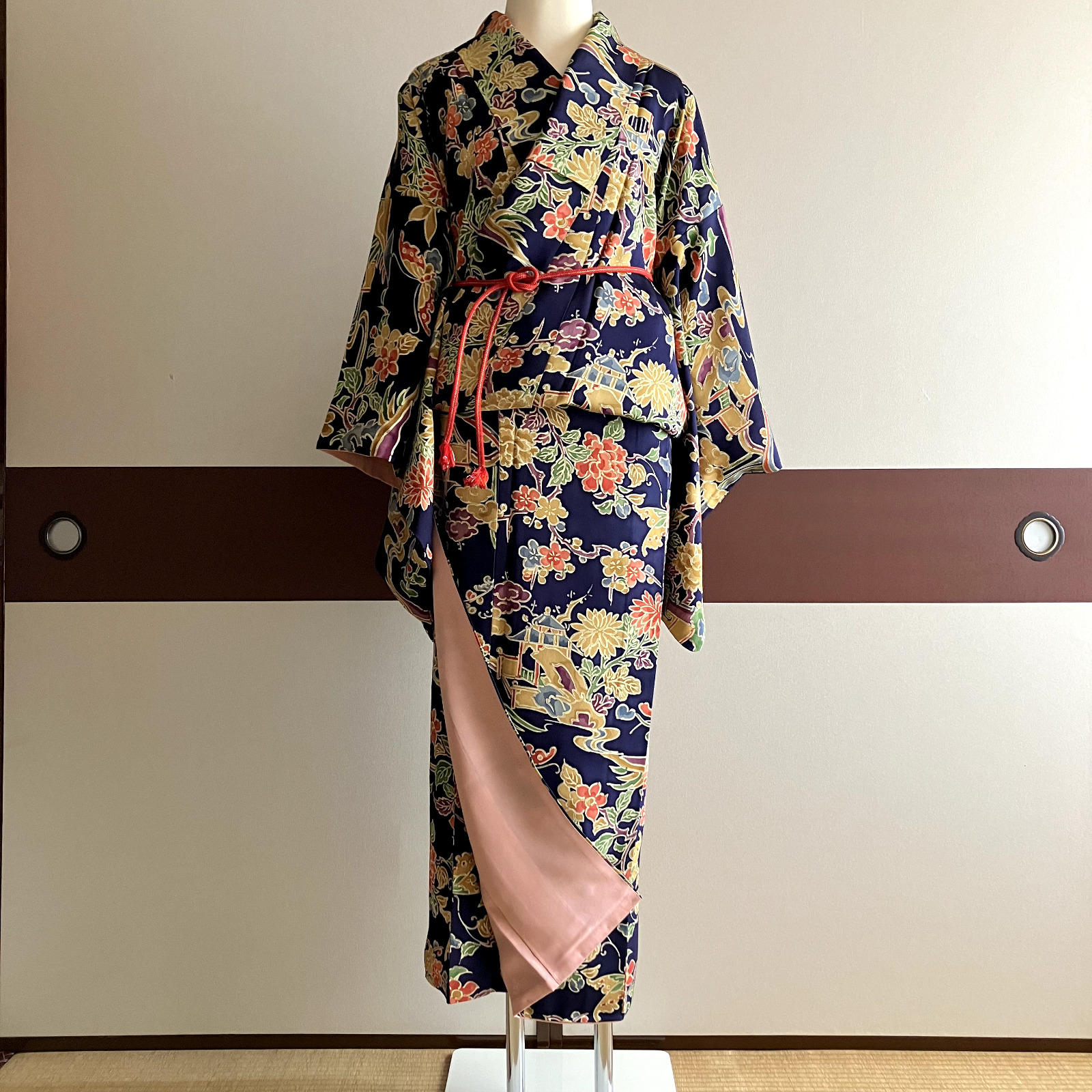 Kimono Japanese Navy blue Peachpink Classical pattern Silk