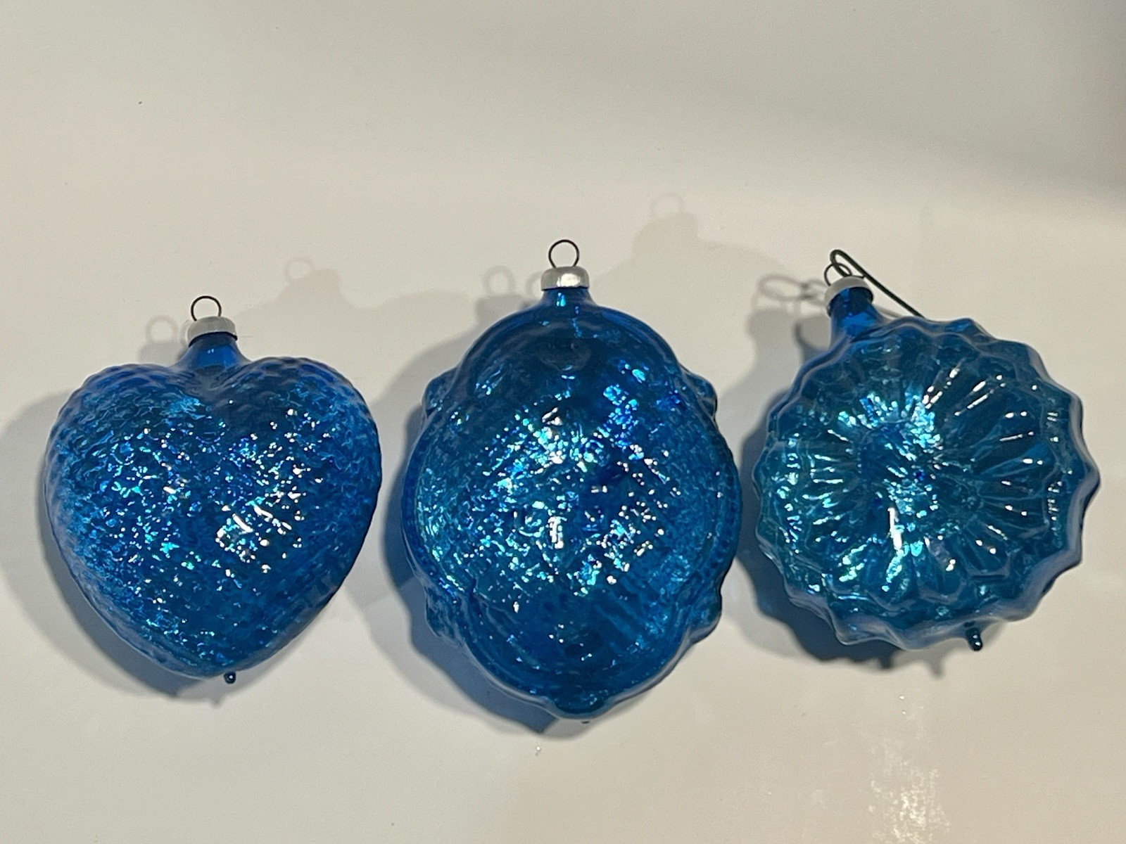 3 VTG West Germany Christmas Ornament Embossed Blue Half Clear Reflector Bumpy