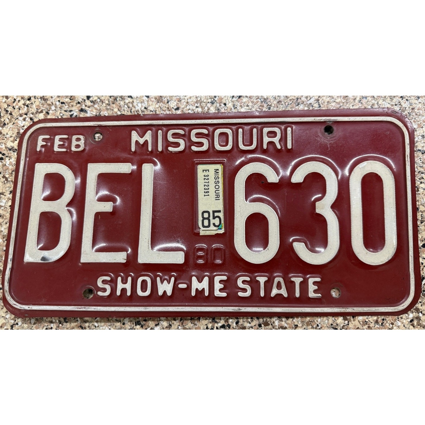Vintage 1985 Missouri License Plate BEL 630 Show-Me State FEB Original