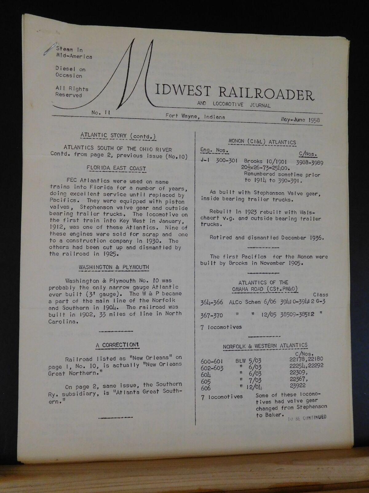 Midwest Railroader #11 1958 May-June August 24 FEC Monon N&W Washington & Plymou