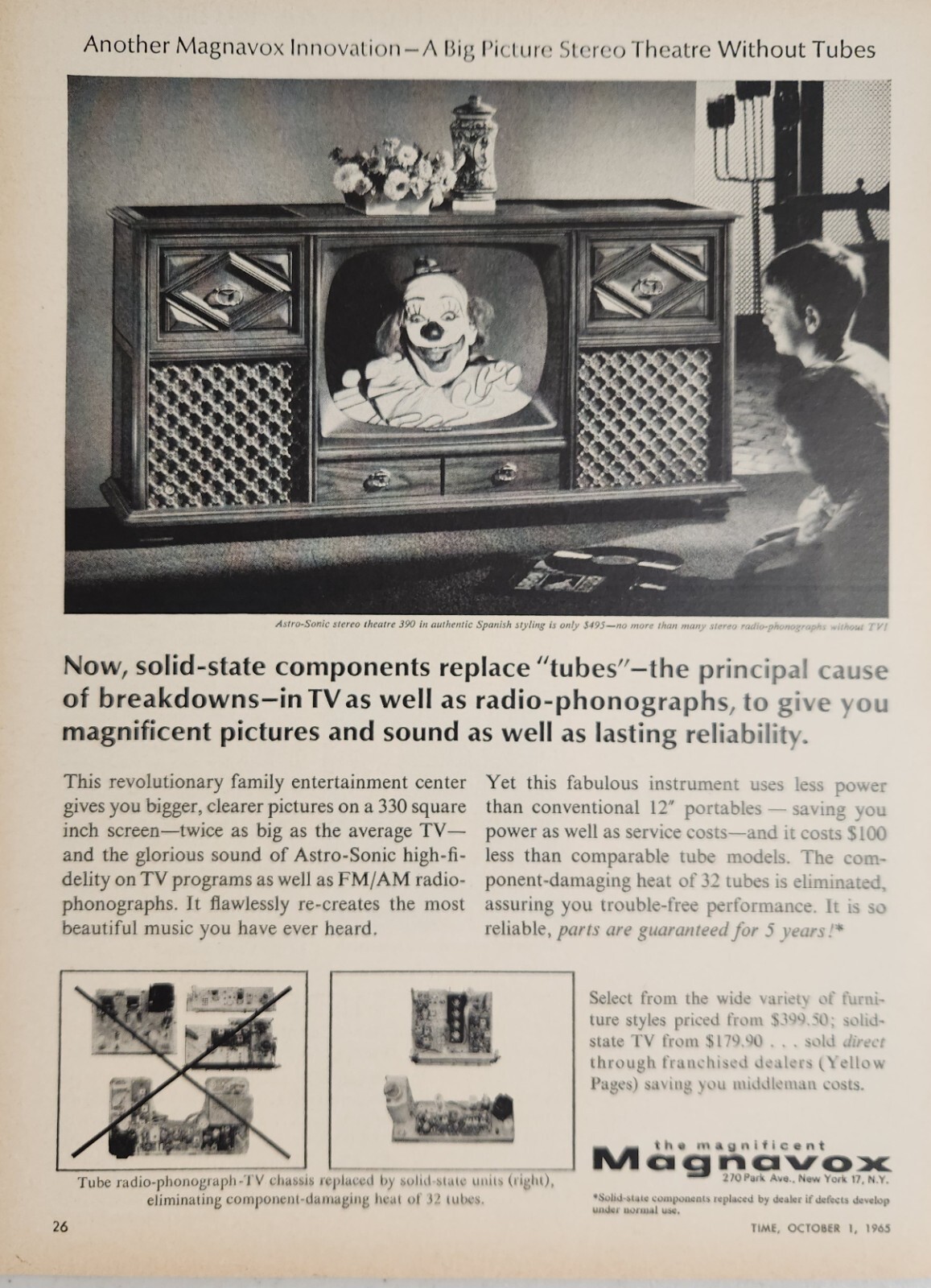 1965 Print Ad Magnavox Astro-Sonic Stereo 390 Television Sets Clown on TV Screen