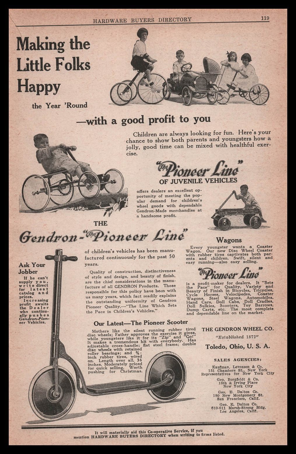 1922 Gendron Wheel Co. Toledo Ohio Pioneer Line Wagons Scooters Vintage Print Ad