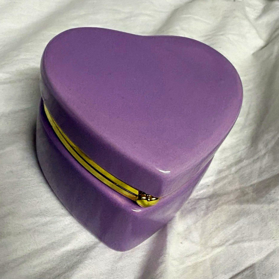 Purple Heart-Shaped Trinket Box Hinged Lid with Gold Tone Trim
