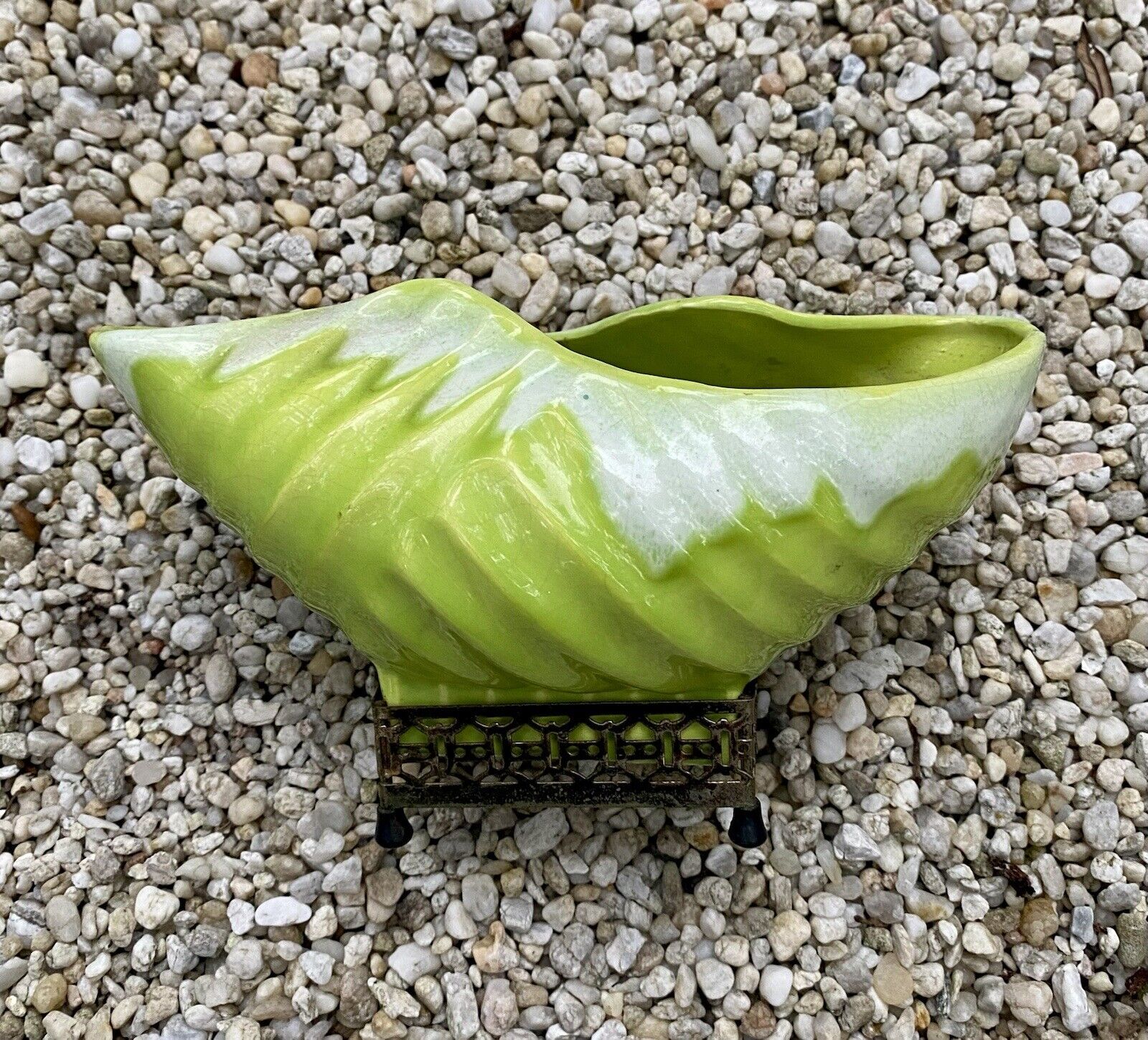 Vintage Hollywood Ceramics Lime Green Drip Pottery Planter With Stand