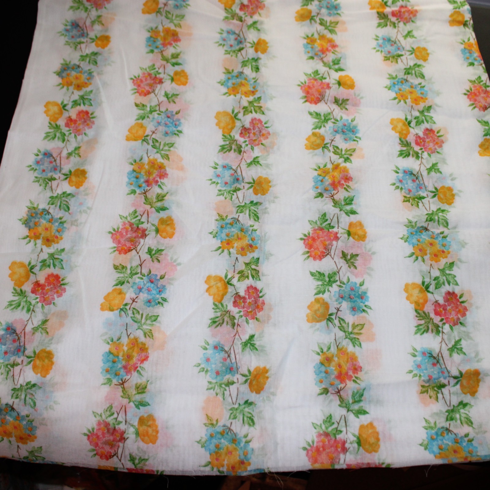 3 yd Vintage Cotton Organdy Fabric Sheer Floral Orange Yellow Blue Green White