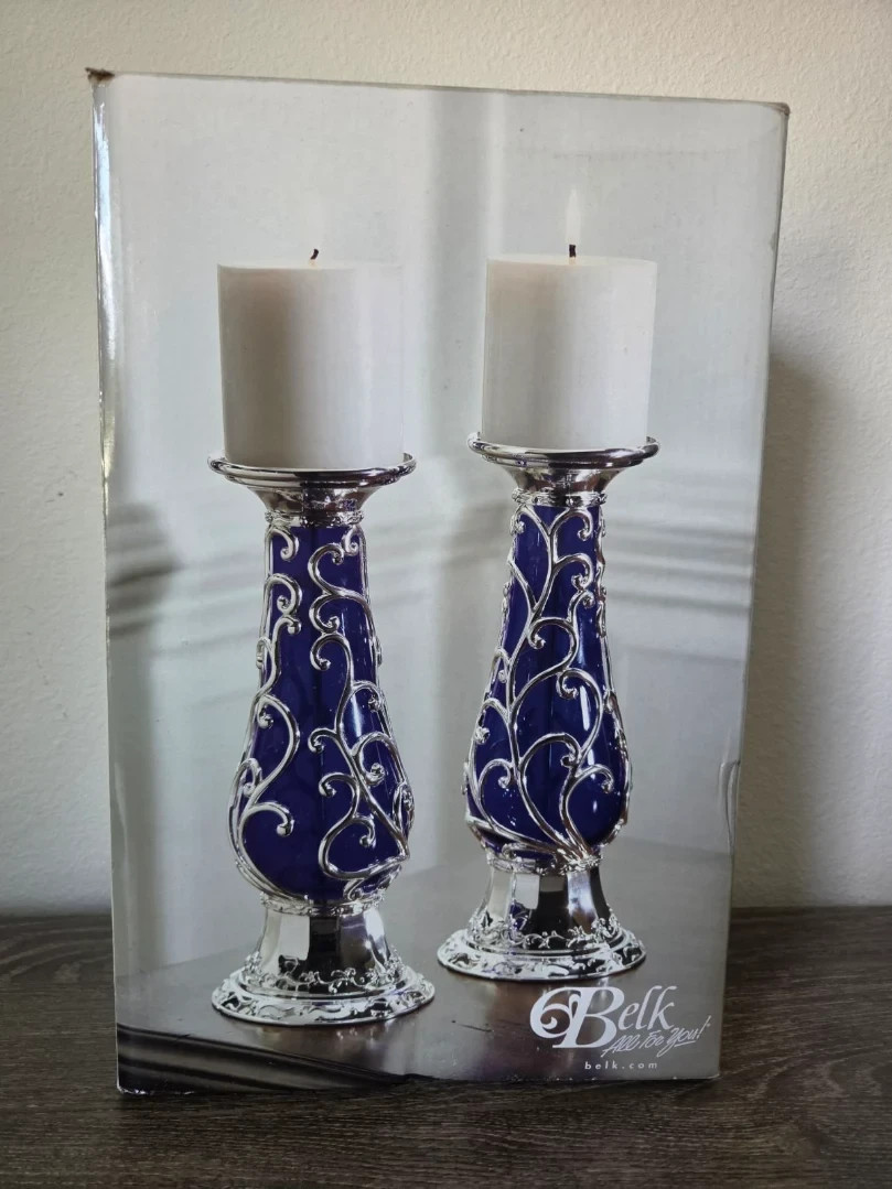VTG Belk Cobalt Blue Glass Candle Holders Silver Plated Base Pair Set of 2 NIB