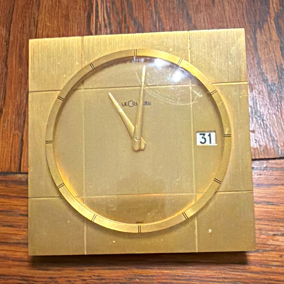 LeCoultre Brass Square Analog Desk Clock, Gold, Date Indicator, Glass