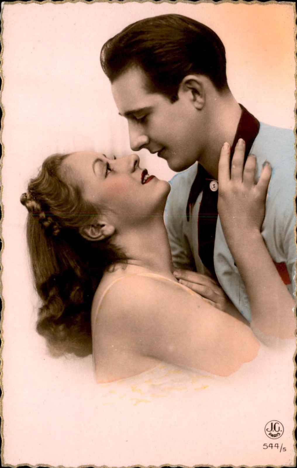Romantic couple Romance Tinted J.G. c1940s-50s Real Photo Vintage Postcard