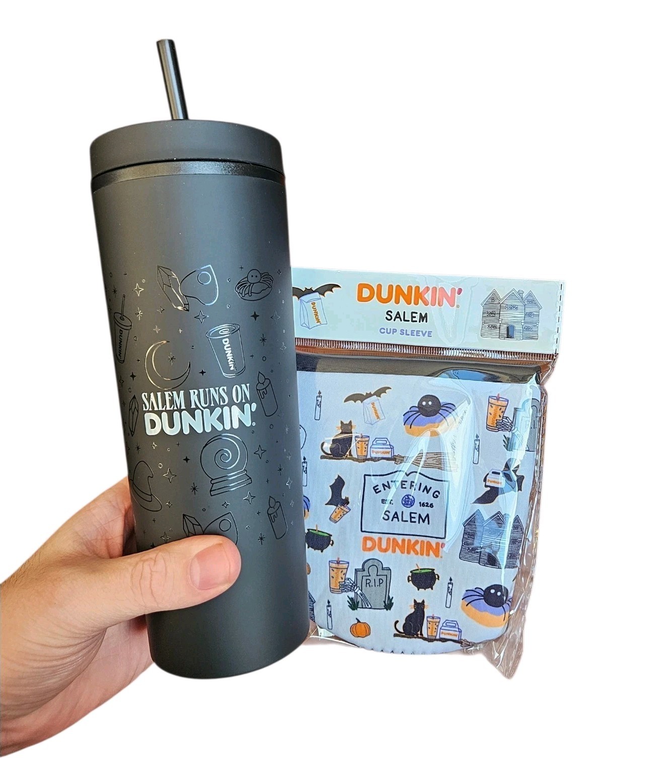 NEW Salem MA x Dunkin Donuts Black Tumbler Cup & Entering Salem Sleeve L.E. Set 