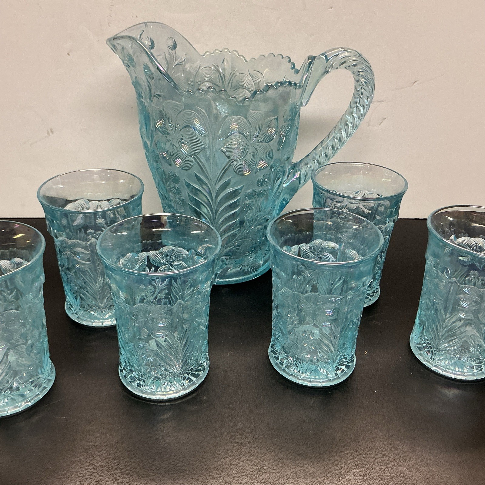 Imperial Iridescent Light Blue Glass Tiger Lily Pitcher Set Imperial Iridescent Light Blue Glass Tiger Lily Pitcher Set