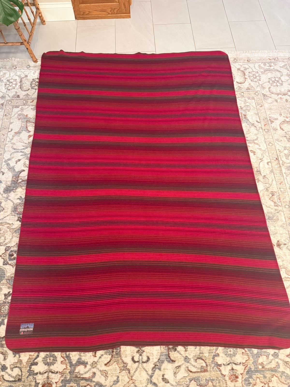 80s/90s Vintage Patagonia Throw Blanket Synchilla Red Serape Stripe Fleece 54x76