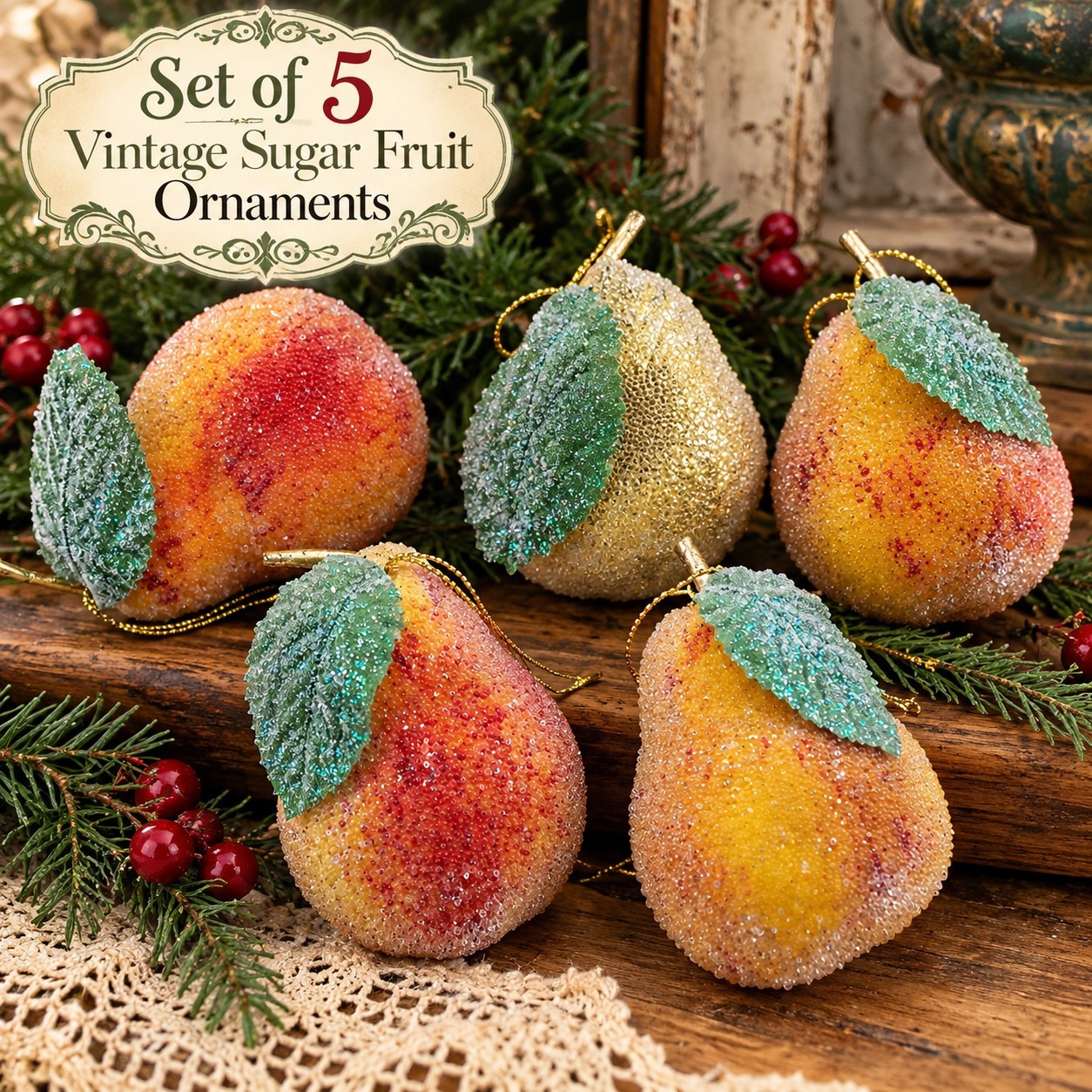 Vintage Sugared Fruit Christmas Ornaments Set 5 – Retro Beaded Pears 1960\'s 70\'s