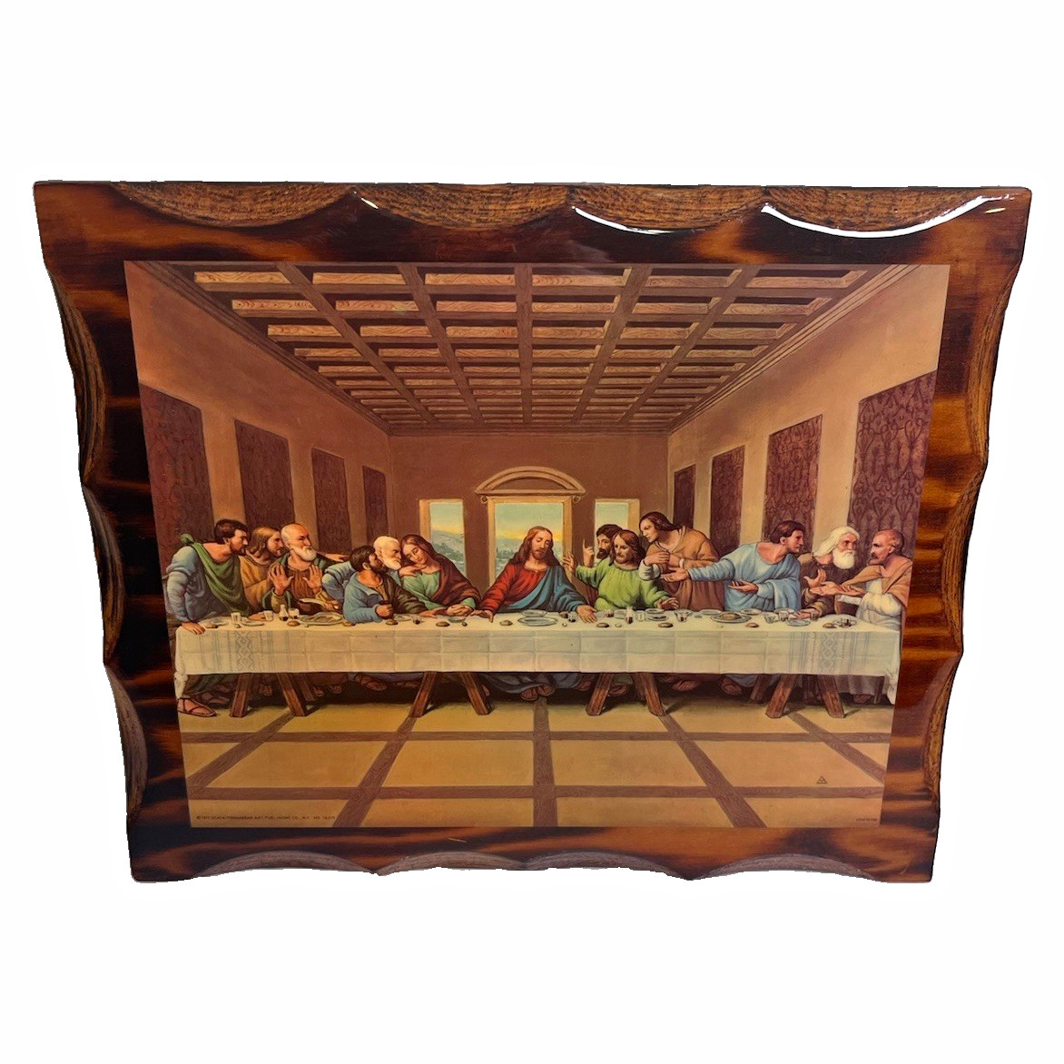 Vintage 1972 Scafa Tornabene Last Supper Jesus Wood Plaque Religious Art