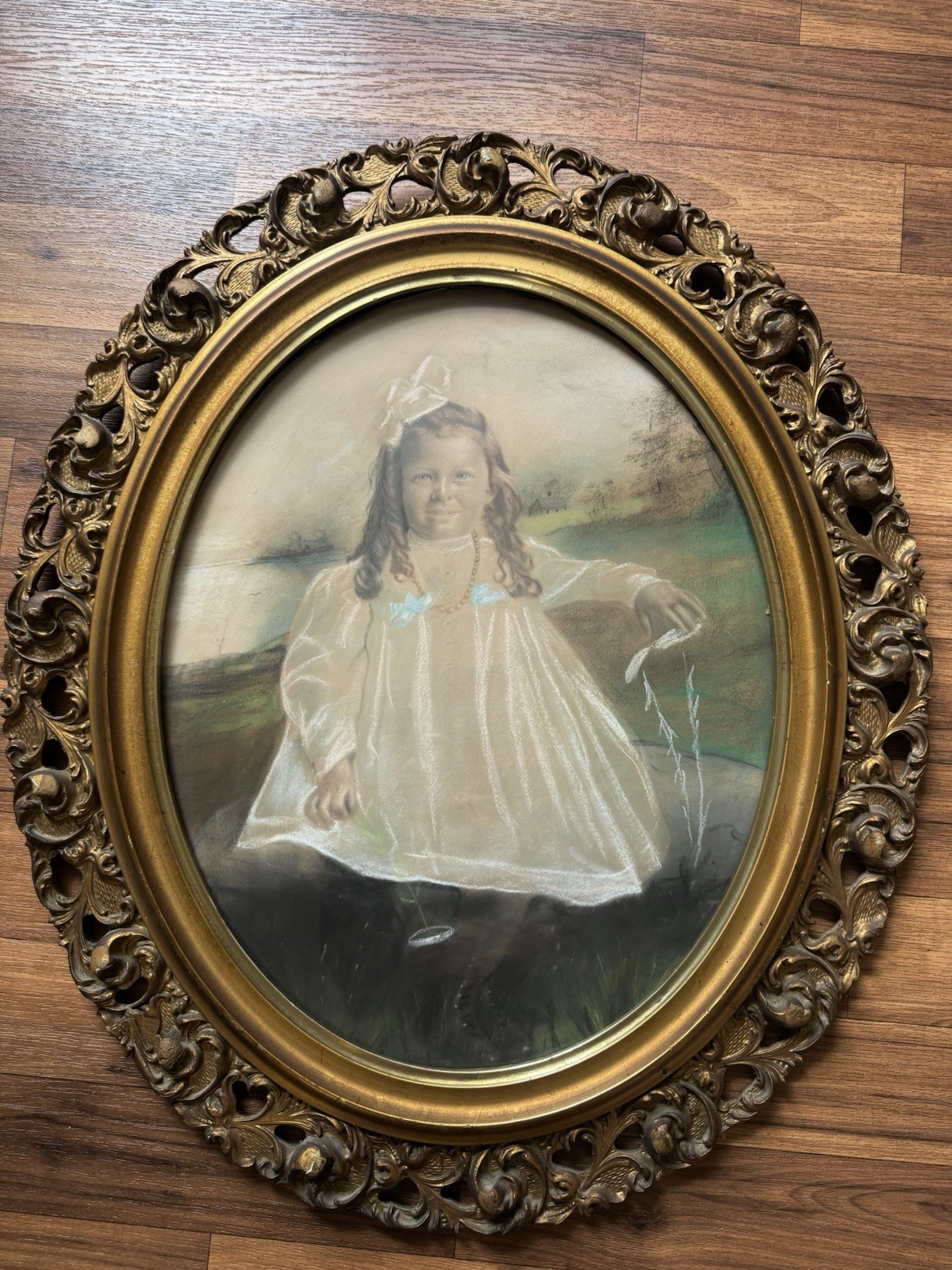 Antique Victorian Crayon Portrait  Child 1885-1995 28”x 23” Frame And Glass