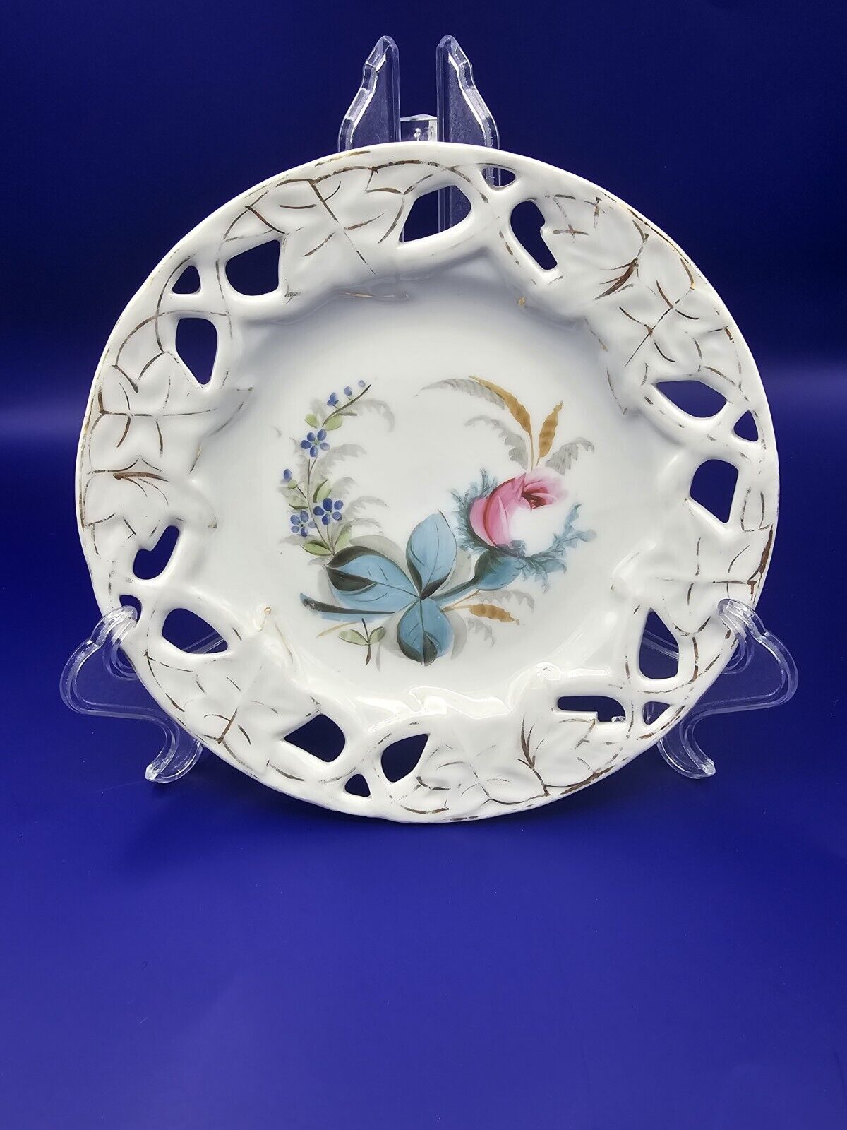Small Vintage Openwork Plate With Floral Design, Rose, Handpainted