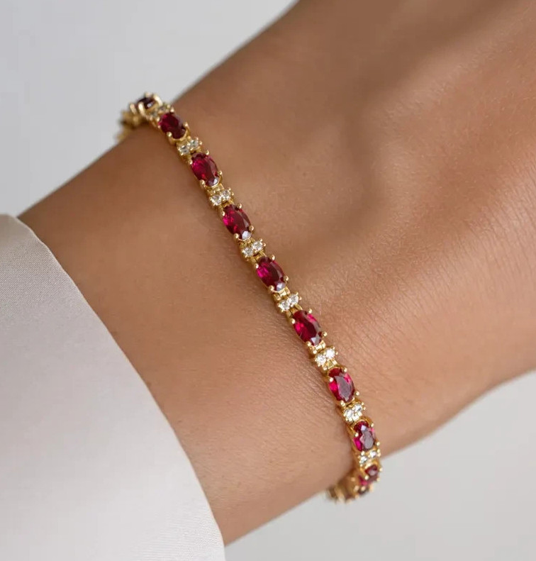 Oval-Cut Tennis Ruby Dainty Birthstone Bracelet 14K Yellow Gold Plated Gift