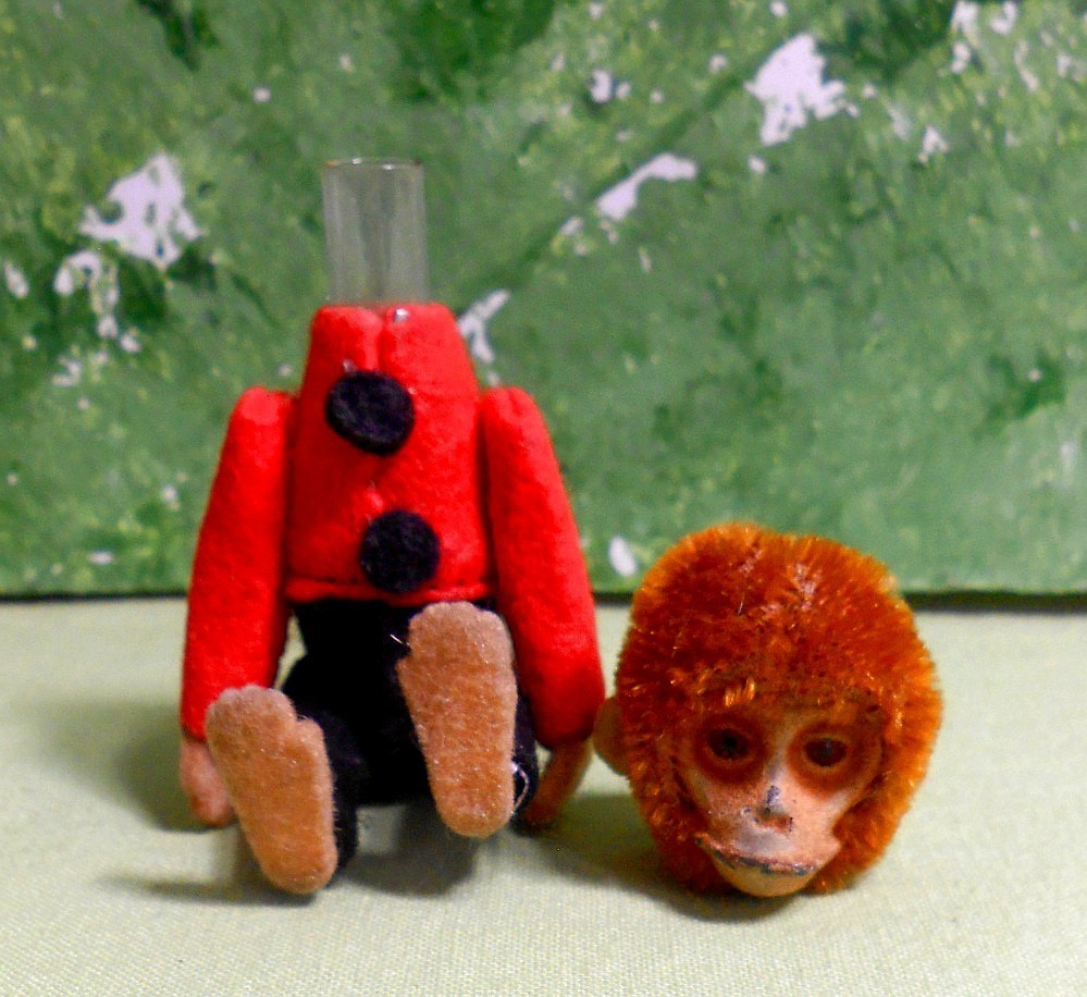 Vintage Schuco Monkey Perfume Bottle - felt, mohair