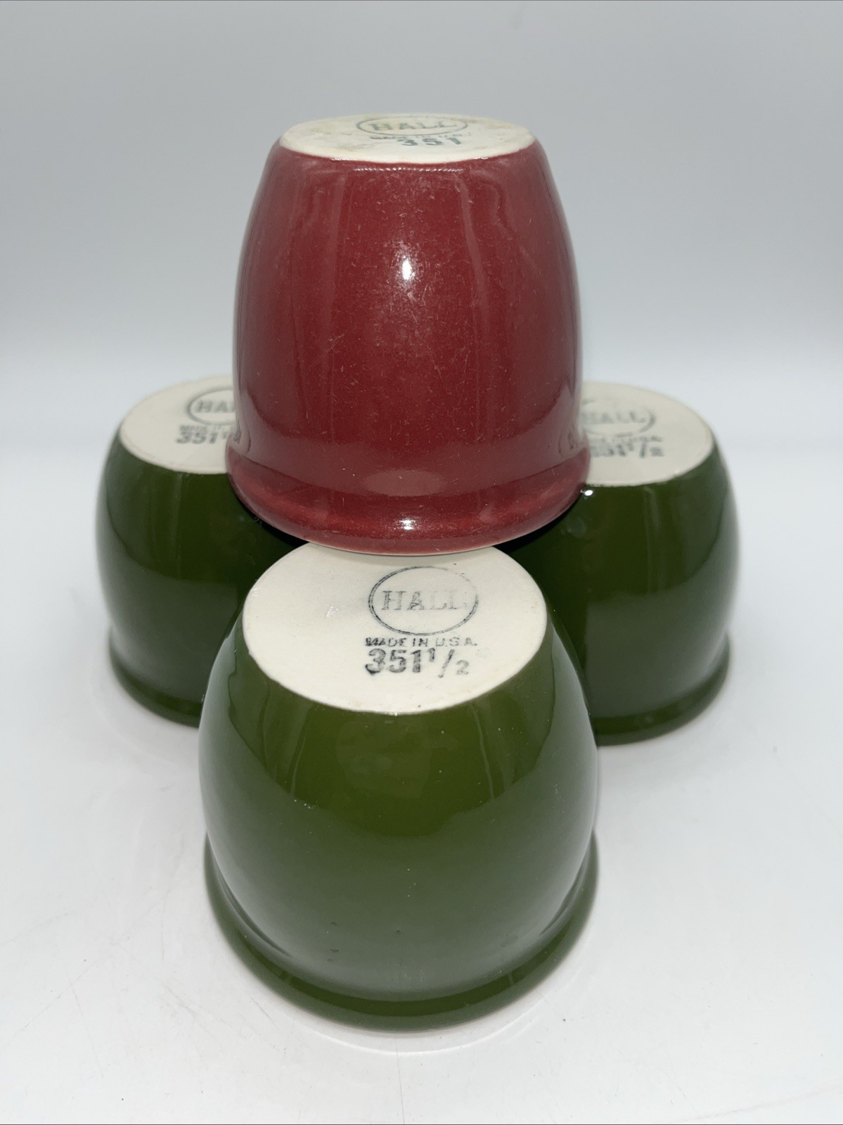 Vintage Hall USA Pottery Dark Forest Green Red Ramekin Custard Cups Set Of 4