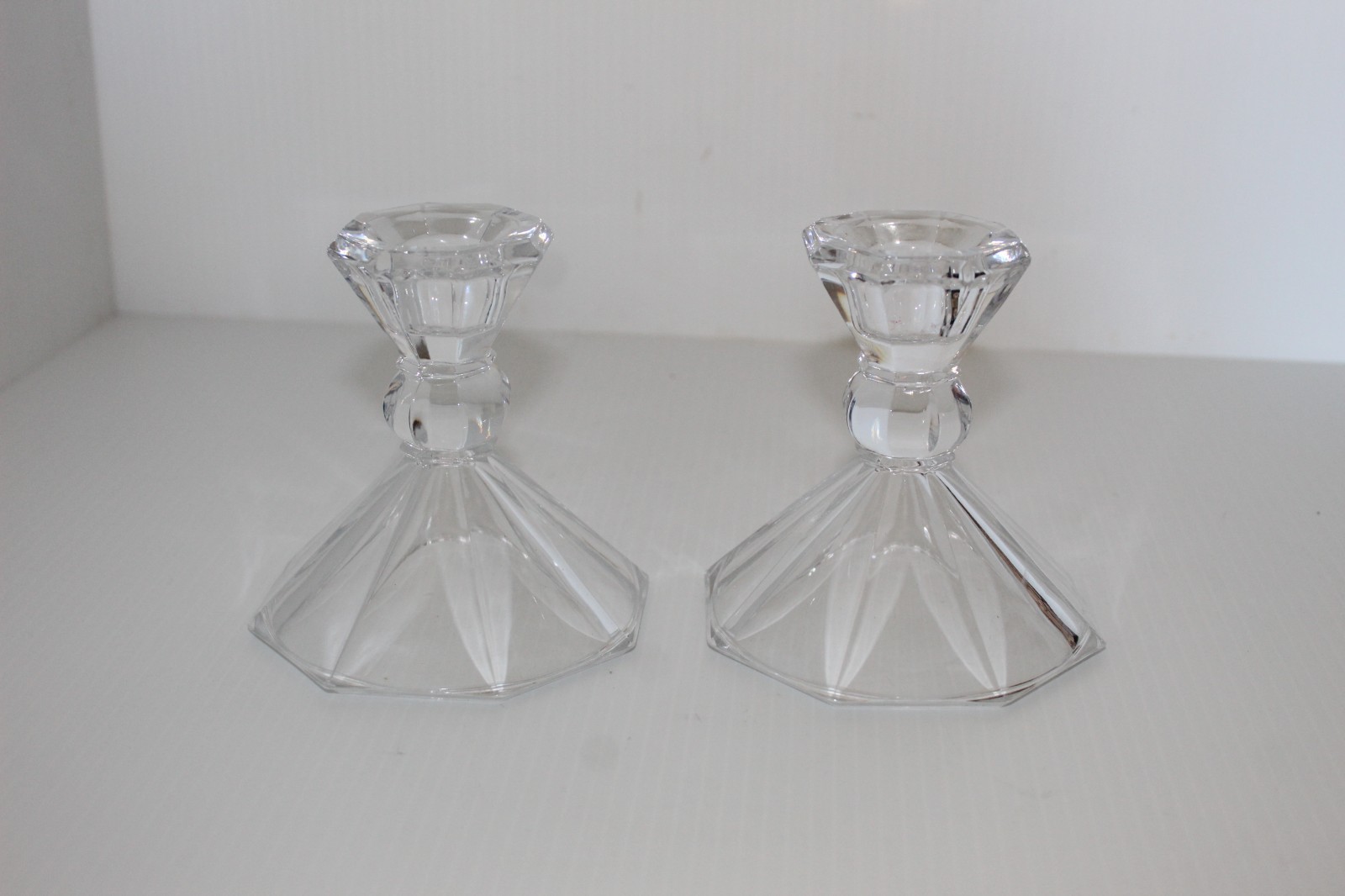 Vintage Clear Glass Taper Candle Holders Paneled Octagonal Flared Base Pair