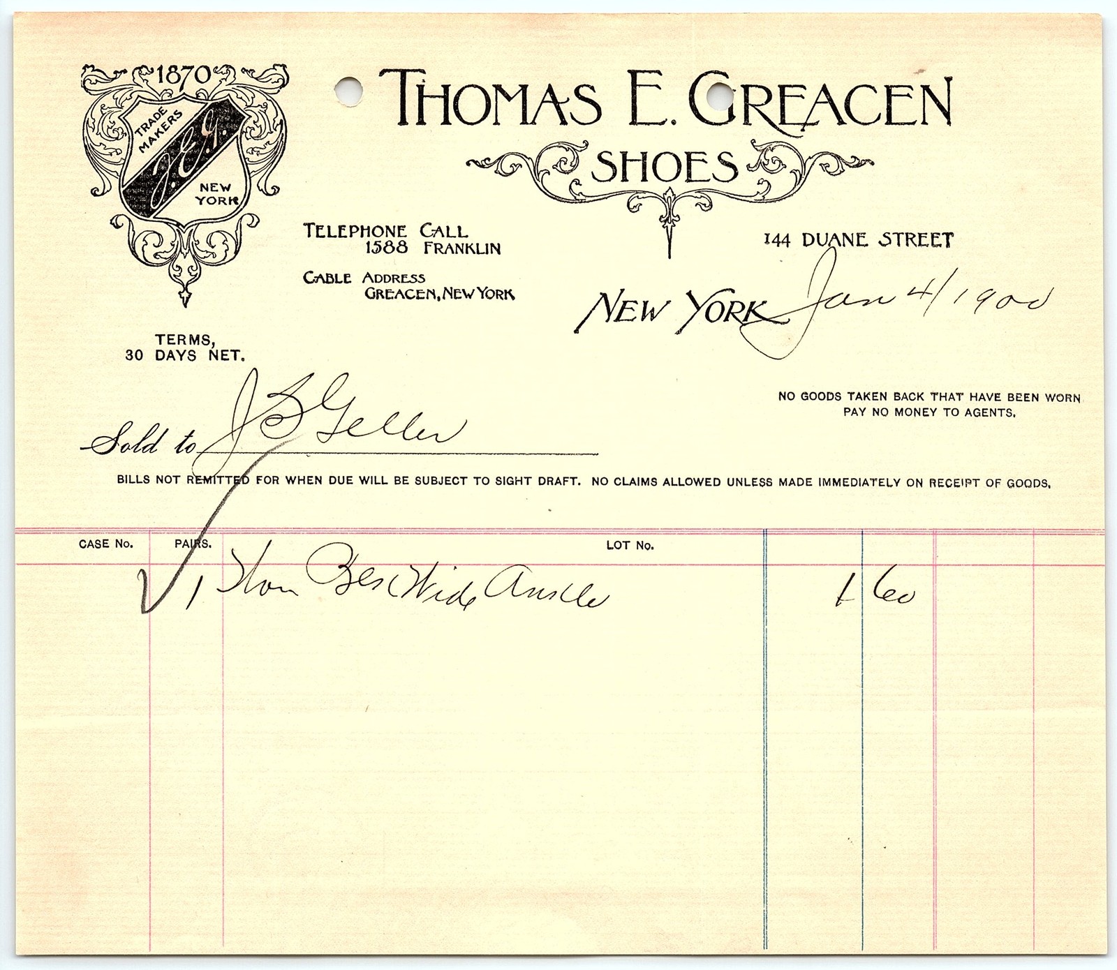 Vintage 1905 Thomas E. Greacen Shoes NYC Billhead Vintage 1905 Thomas E. Greacen Shoes NYC Billhead