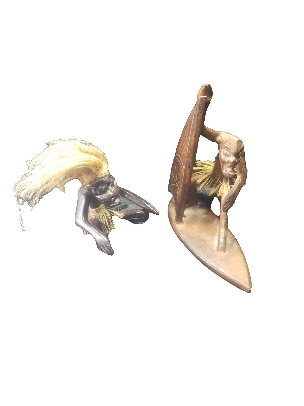 Unbranded Indonesian Hand Carved Wood Surfer Figurine Set Brown Raffia Hair