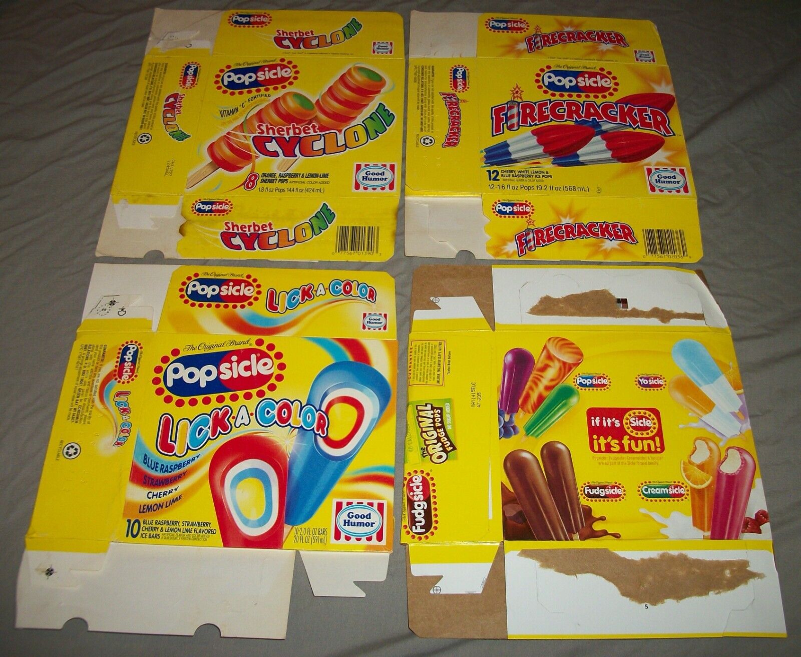 FOUR DIFF. VINTAGE 1997, 98, 2015 POPSICLE GOOD HUMOR FLAT BOXES COLORFUL LOT