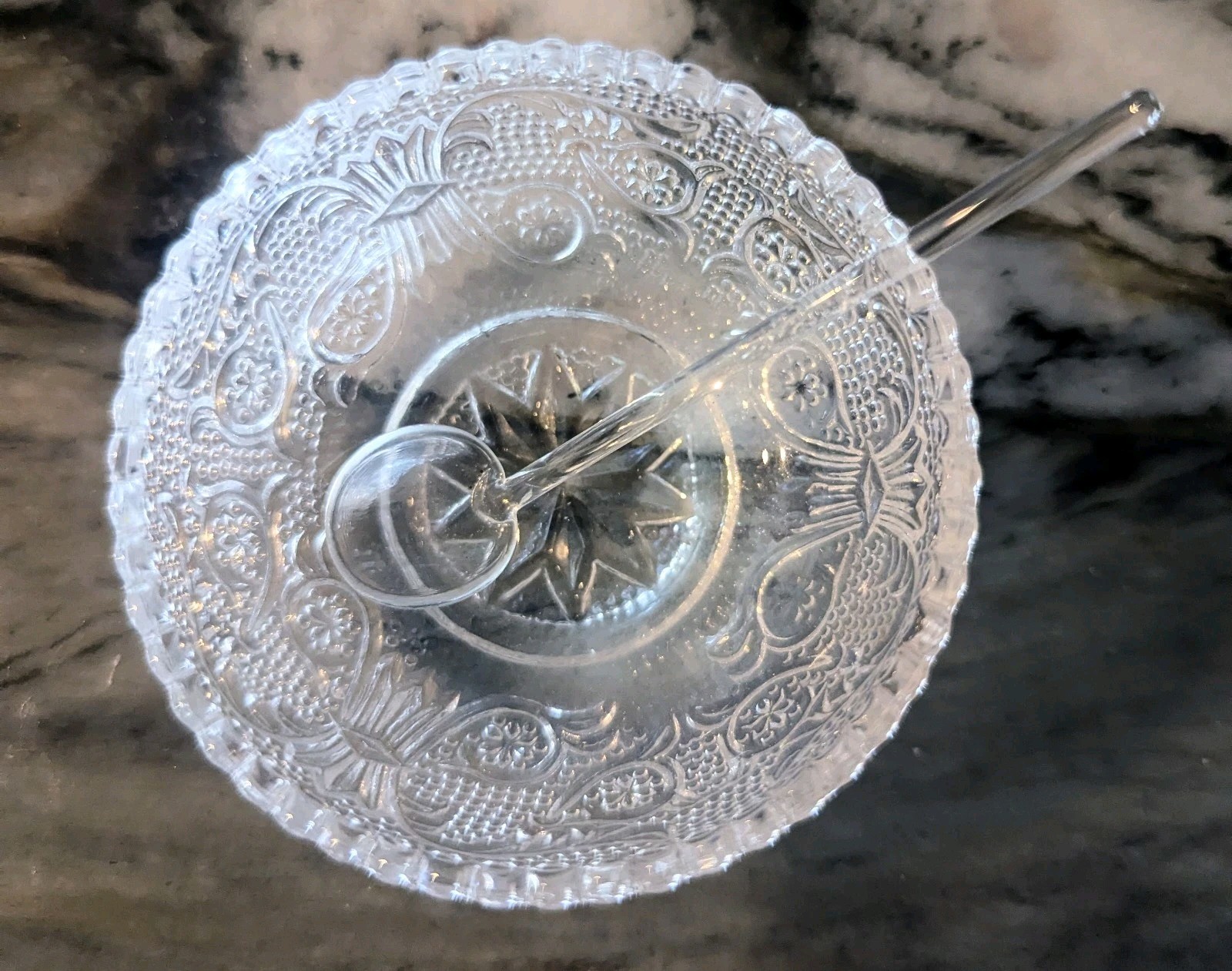 Antique Cambridge Nearcut Open Salt Cellar Glass Spoon EAPG Lacy Starburst