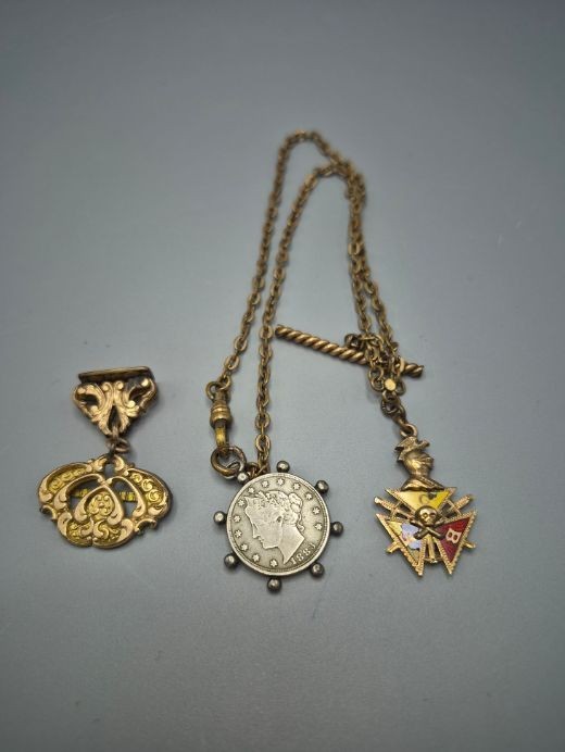 Antique Knights of Pythias Watch Fob Chain 1883 Liberty V Nickel Racine WI Lodge