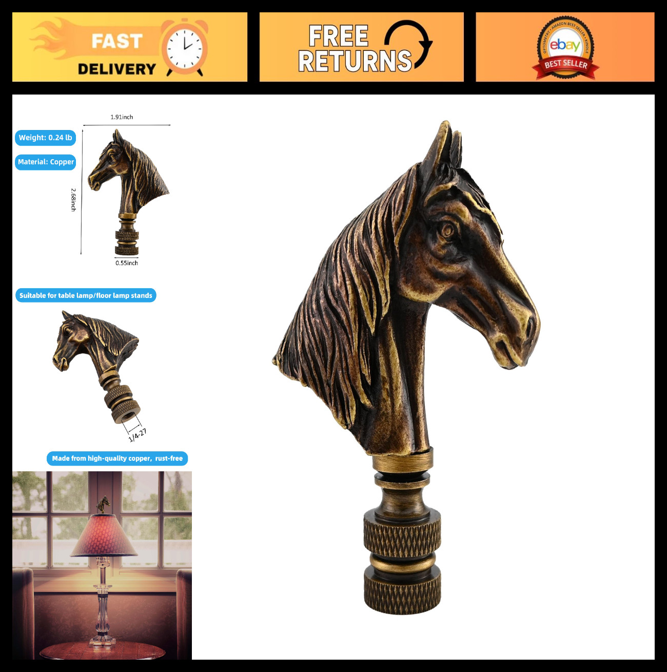 Heavy Solid Brass Horse Lamp Finial 2.7\