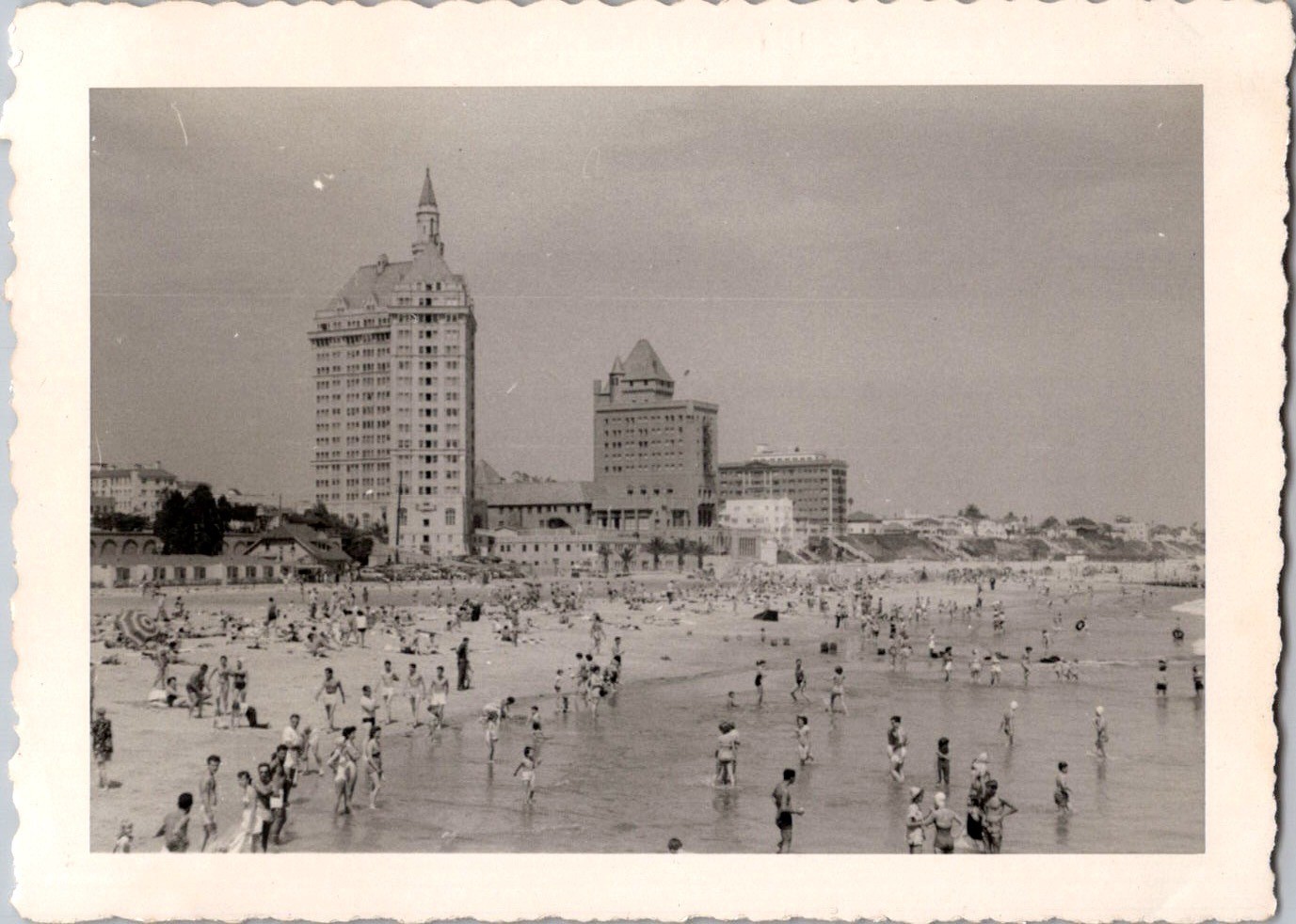 Vintage 1951 Long Beach California Beach Scene Photo Hotels Crowds Deckle Edge