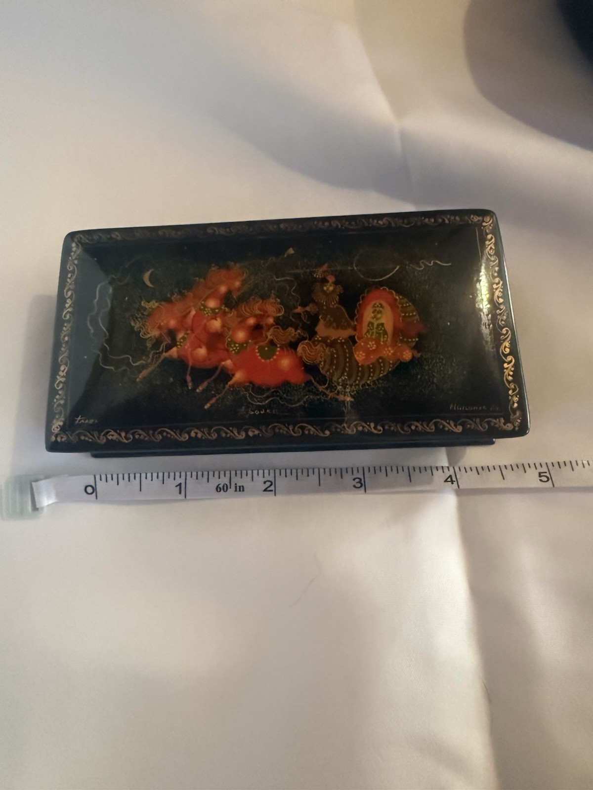 Vintage Palekh Russian Lacquer Box Troika Horses Hand-Painted Gold Scrolls ~5x2”