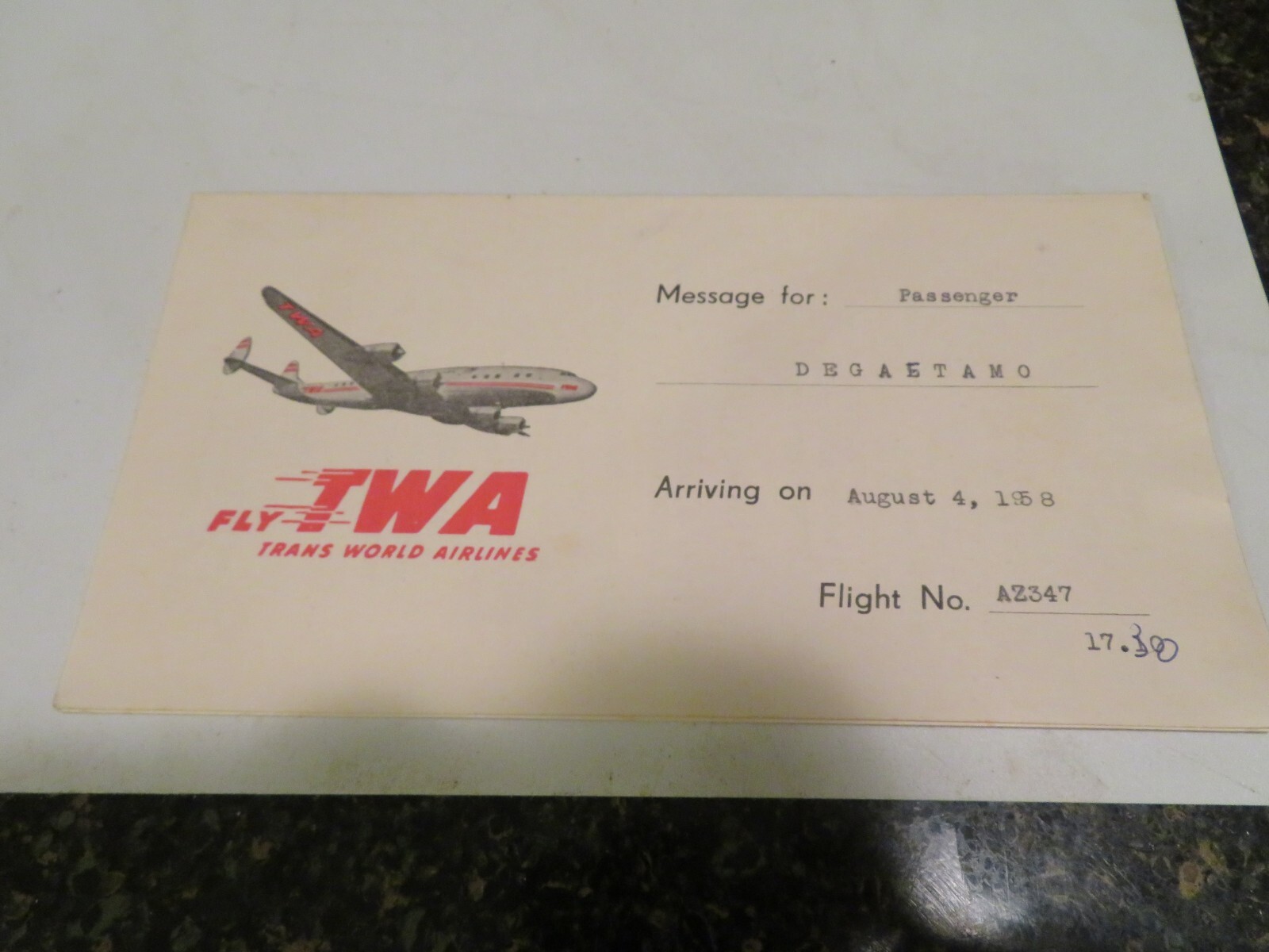 TWA 1958  MESSAGE TO PASSENGER AUG 4 1958  MILAN TO ZURICH   TWA847