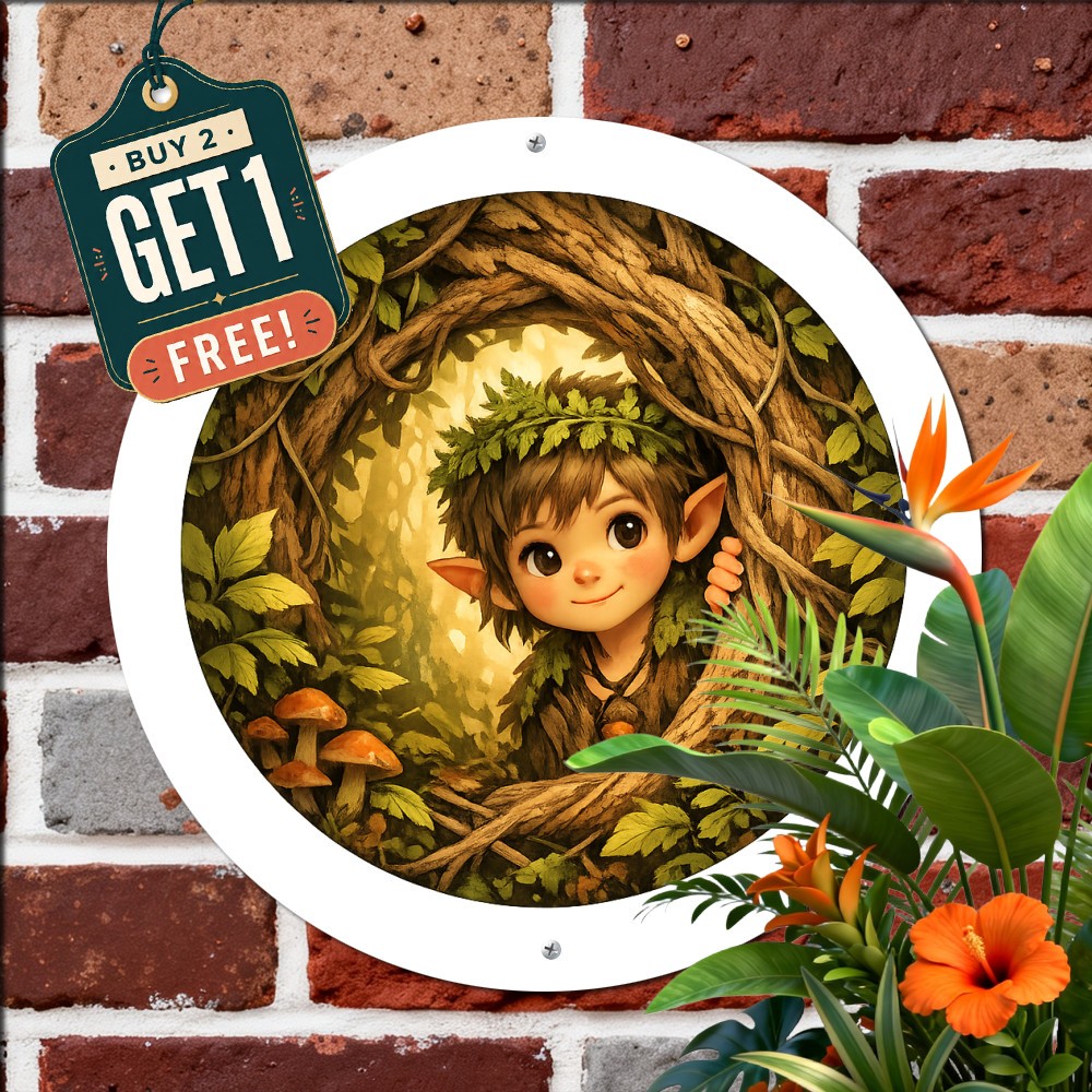Fantasy Mythical Tree Branches Forest Elf Art Circular Wall Metal Tin Sign