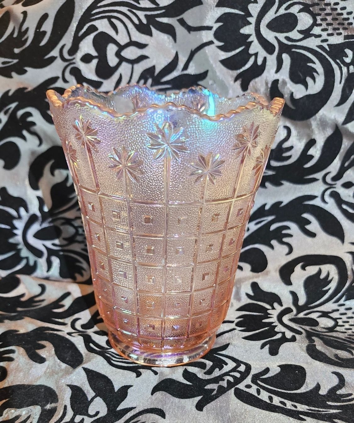 Lenox Imperial Pink Iridescent Vase Palm Tree & Grid Design  Pretty