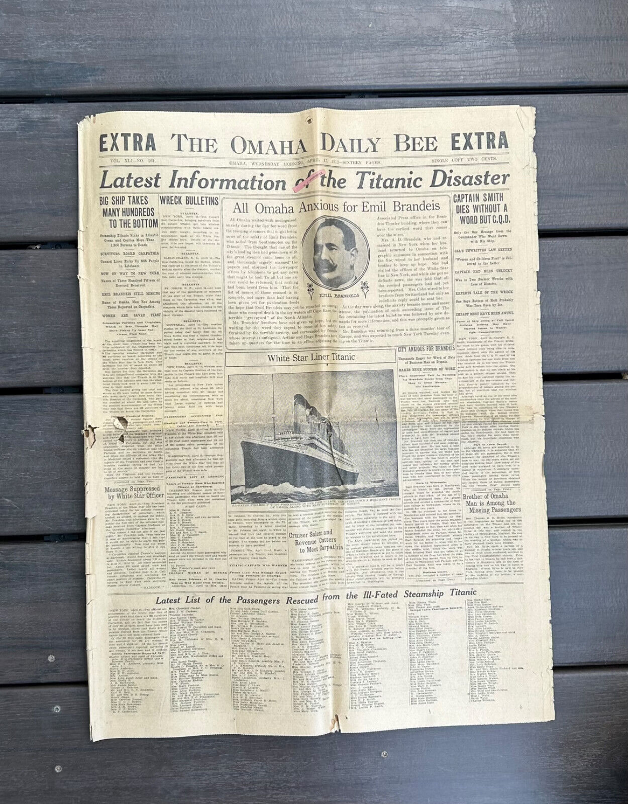Original April 17, 1912 Titanic Newspaper The Omaha Daily Bee Extra Nebraska