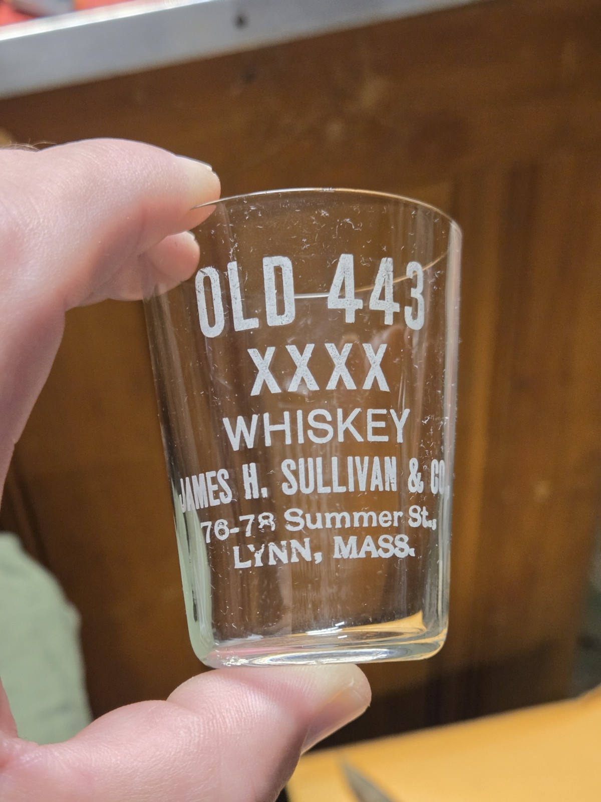 Rare Old 443 Whiskey James Sullivan Lynn MA Mass PRE PRO Advertising Shot Glass