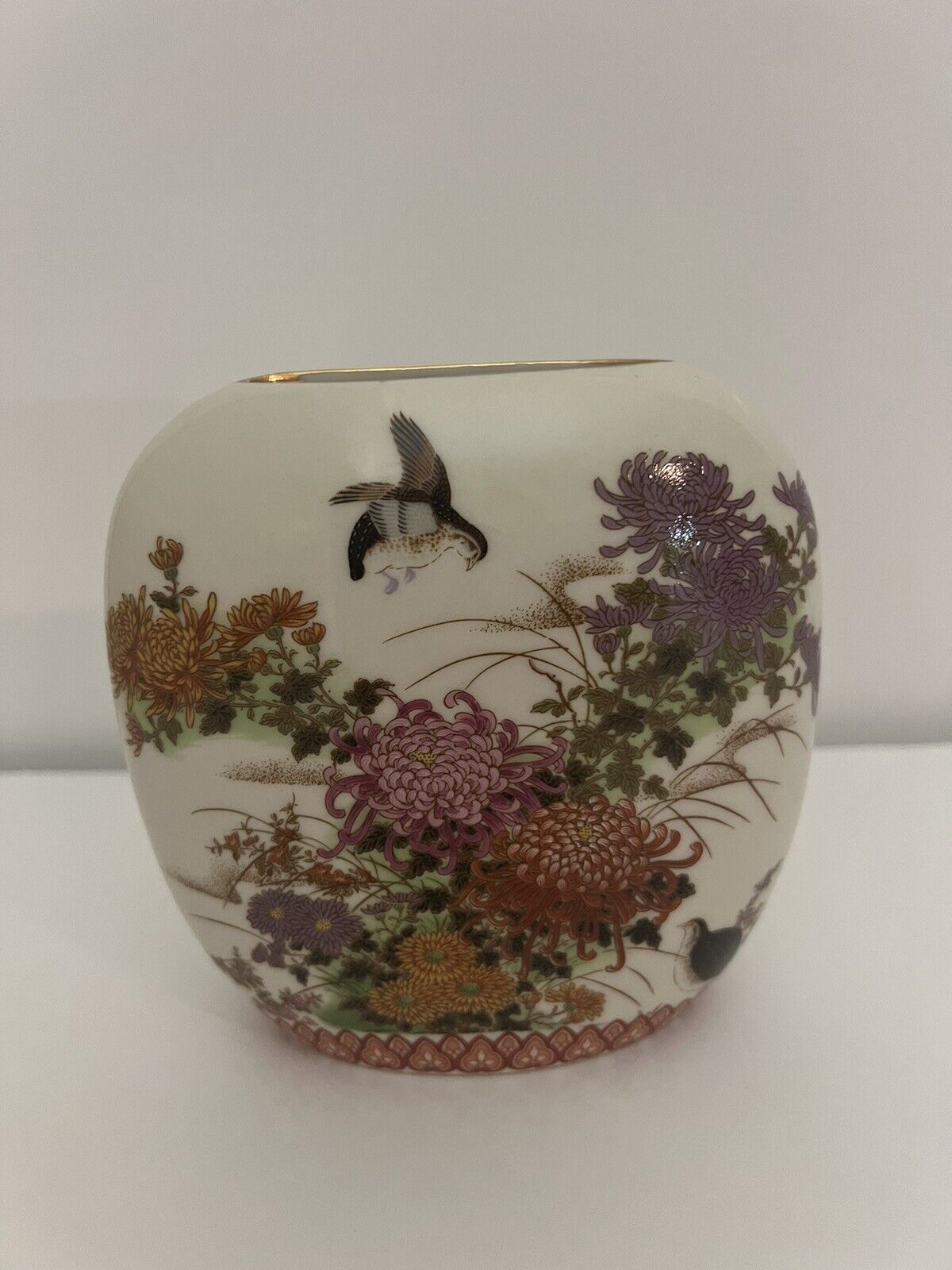Vtg Shibata Japanese Porcelain Oval Vase Chrysanthemum Peasant Birds